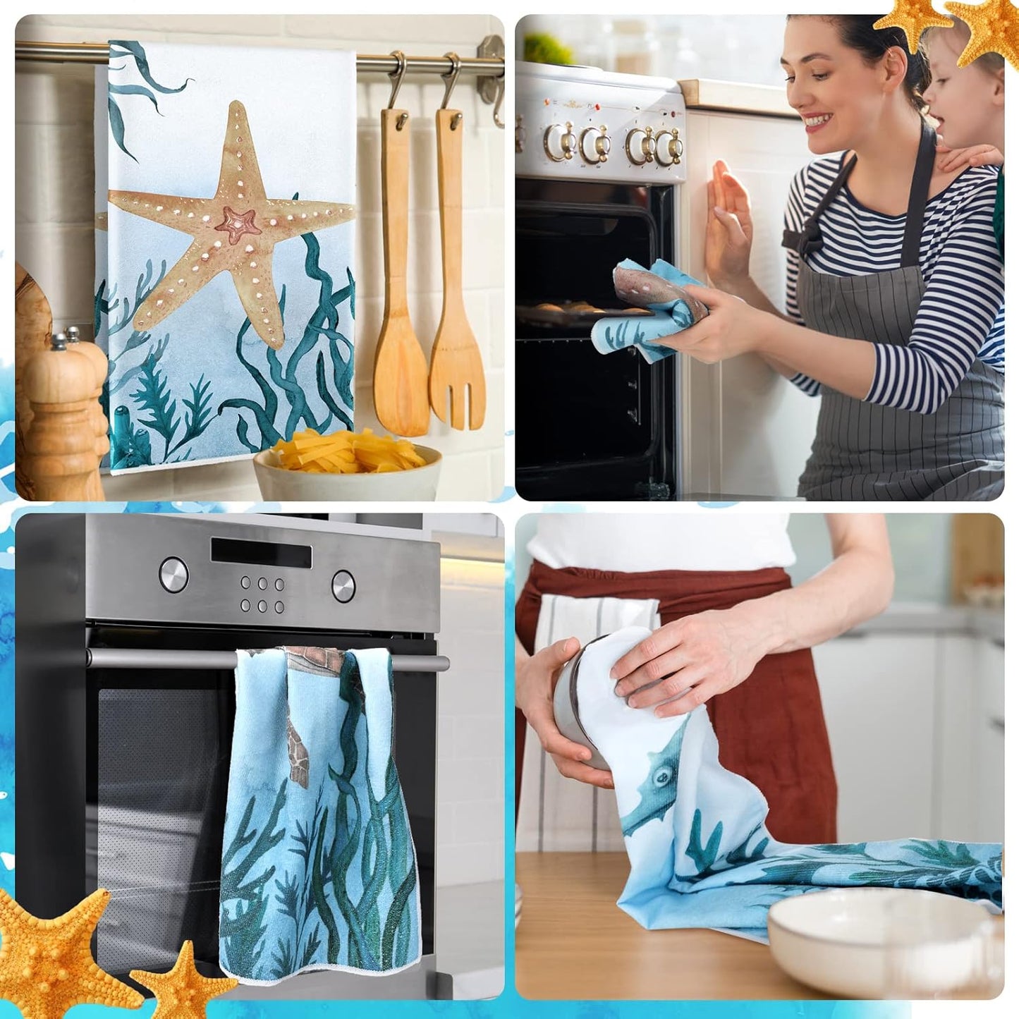 Boyiee Set of 6 Beach Kitchen Towels Sea Ocean Animal Nautical Tea Towels 24 x 16 Inches Kitchen Gifts Turtle Jellyfish Seahorse Hand Dishcloth for Farmhouse Bathroom Decorations