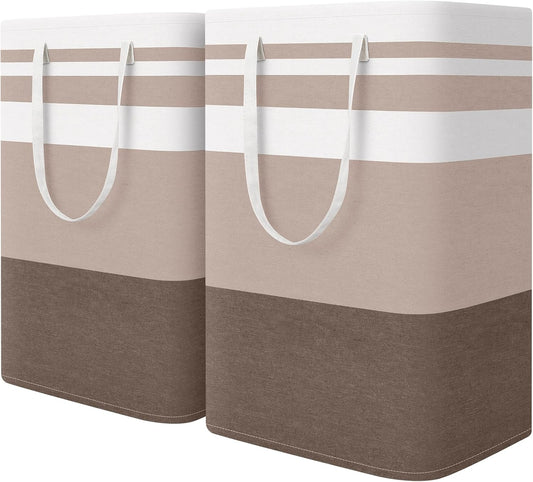 HomeHacks 2-Pack Large Laundry Basket, Waterproof, Freestanding Laundry Hamper, Collapsible Tall Clothes Hamper with Extended Handles for Clothes Toys in the Dorm and Family (Brown, 75L)