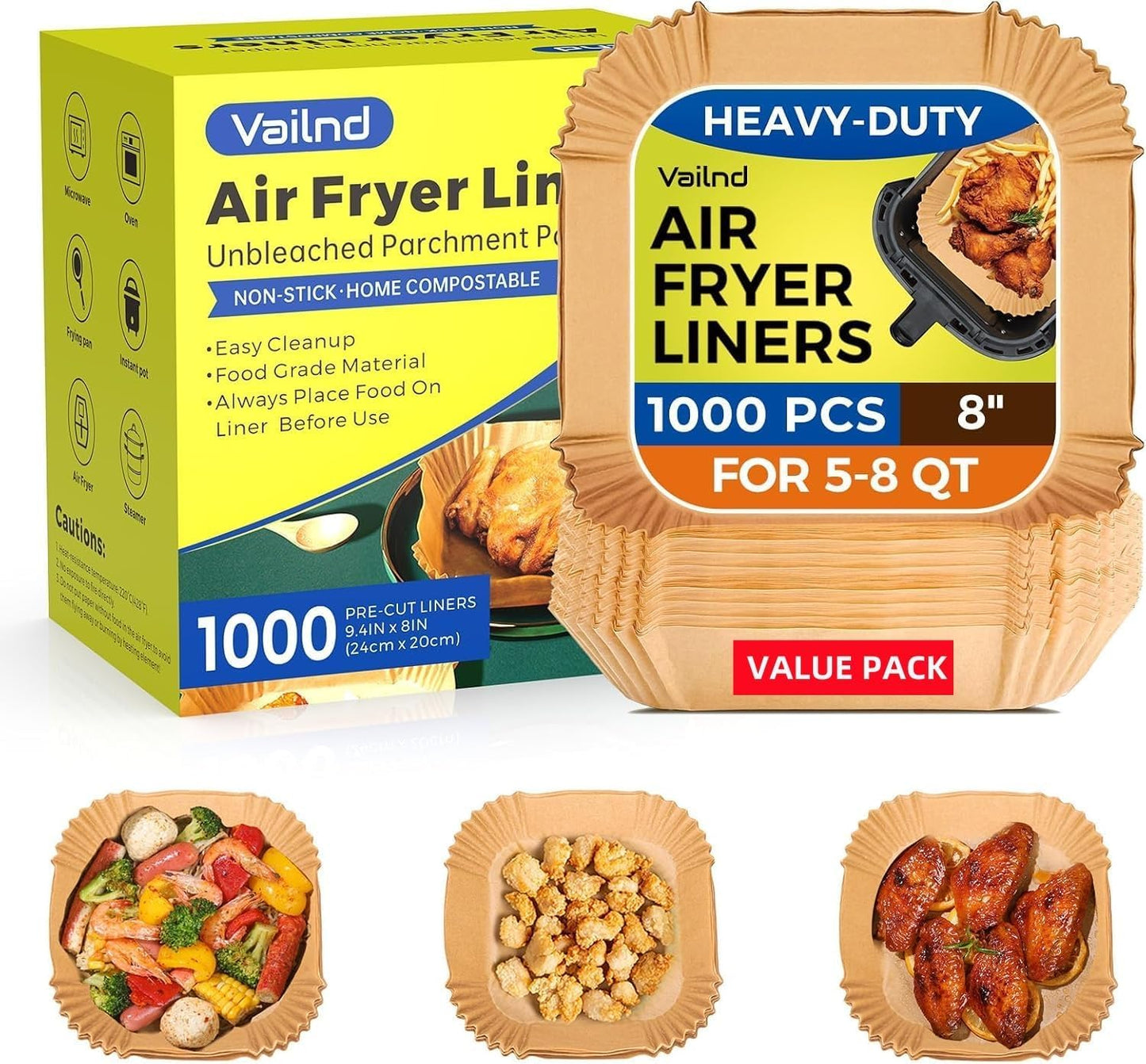 1000 Pcs Air Fryer Paper Liners Value Pack, 8" Square Air Fryer Liners Disposable, Heavy-Duty Parchment Paper for 5-8 qt Airfryer Basket Non-Stick & Grease-Proof Baking Liner for Oven Pan Bulk Supply