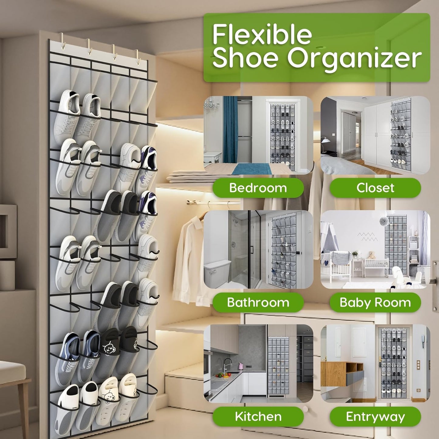 Unjumbly Over the Door Shoe Organizer with 40 Large Breathable Mesh Pockets, Space Saving Shoe Holder, Hanging Shoe Rack for Entryway Bedroom Closet Storage (Grey, 80 Pockets)