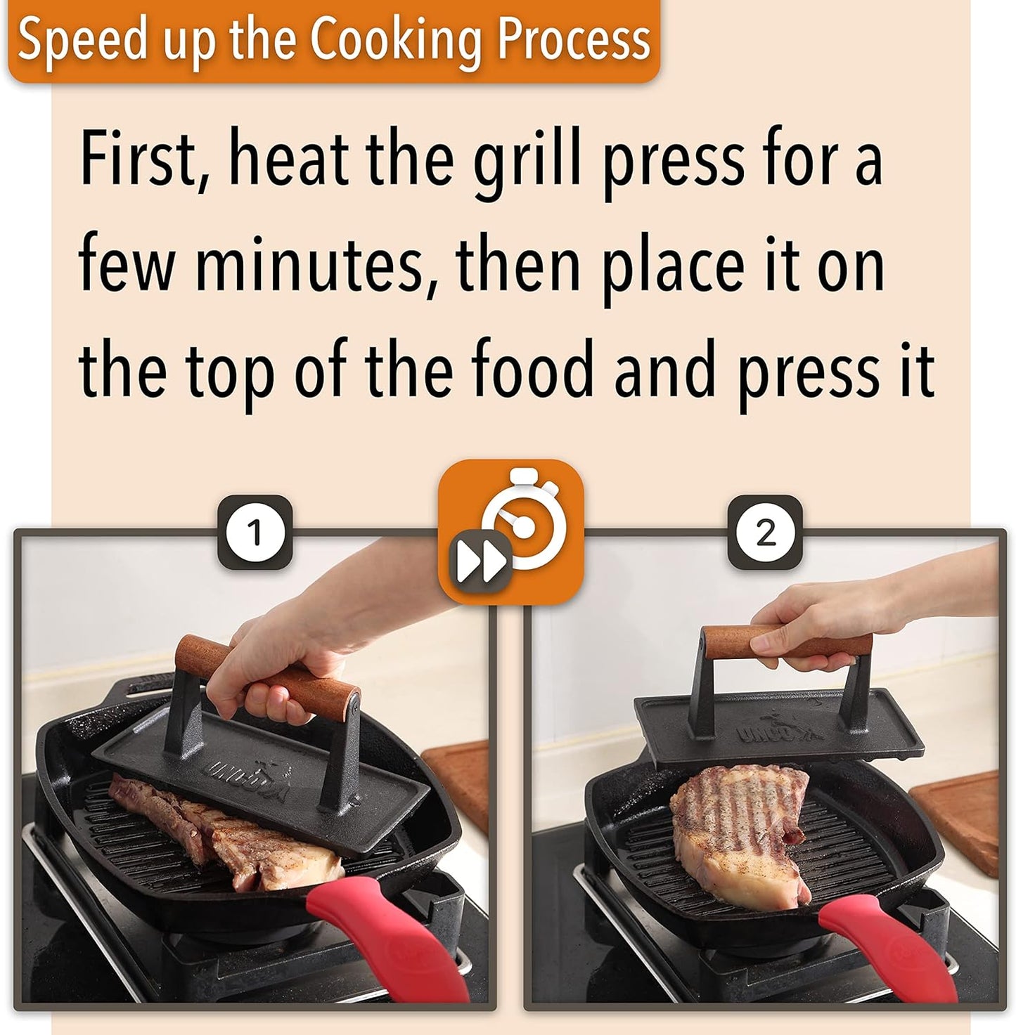 UNCO- Cast Iron Grill Press, 8.5 x 4.1 Inch, 2.6 lbs, Burger Press for Griddle, Sandwich Press, Bacon Press for Griddle, Griddle Press, Meat Press Cast Iron, Hamburger Press for Griddle