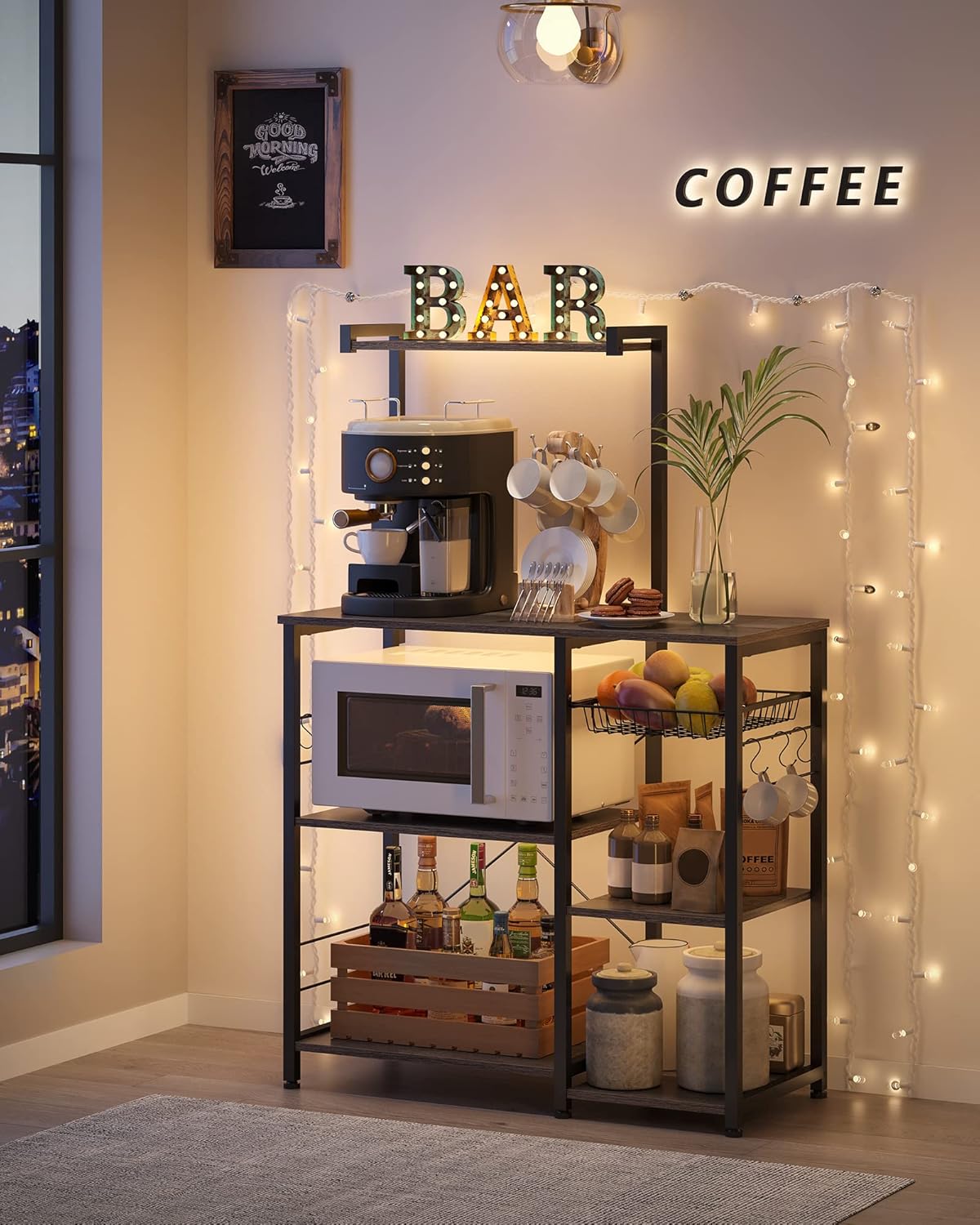 VASAGLE Baker's Rack, Microwave Stand, Kitchen Storage Rack with Wire Basket, 6 Hooks, and Shelves, for Spices, Pots, and Pans, Charcoal Gray and Ink Black UKKS035B04