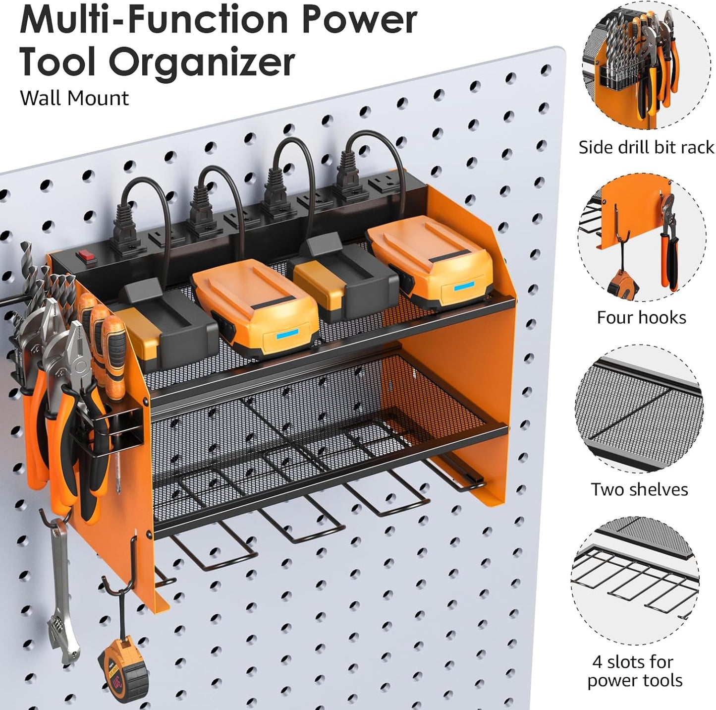 CCCEI Modular Power Tool Organizer Wall Mount with Charging Station. Garage Drill Storage Shelf with Hooks, Heavy Duty Rack, Tool Battery Holder Built in 8 Outlet. Gift for Men. Orange, 2 Pack.