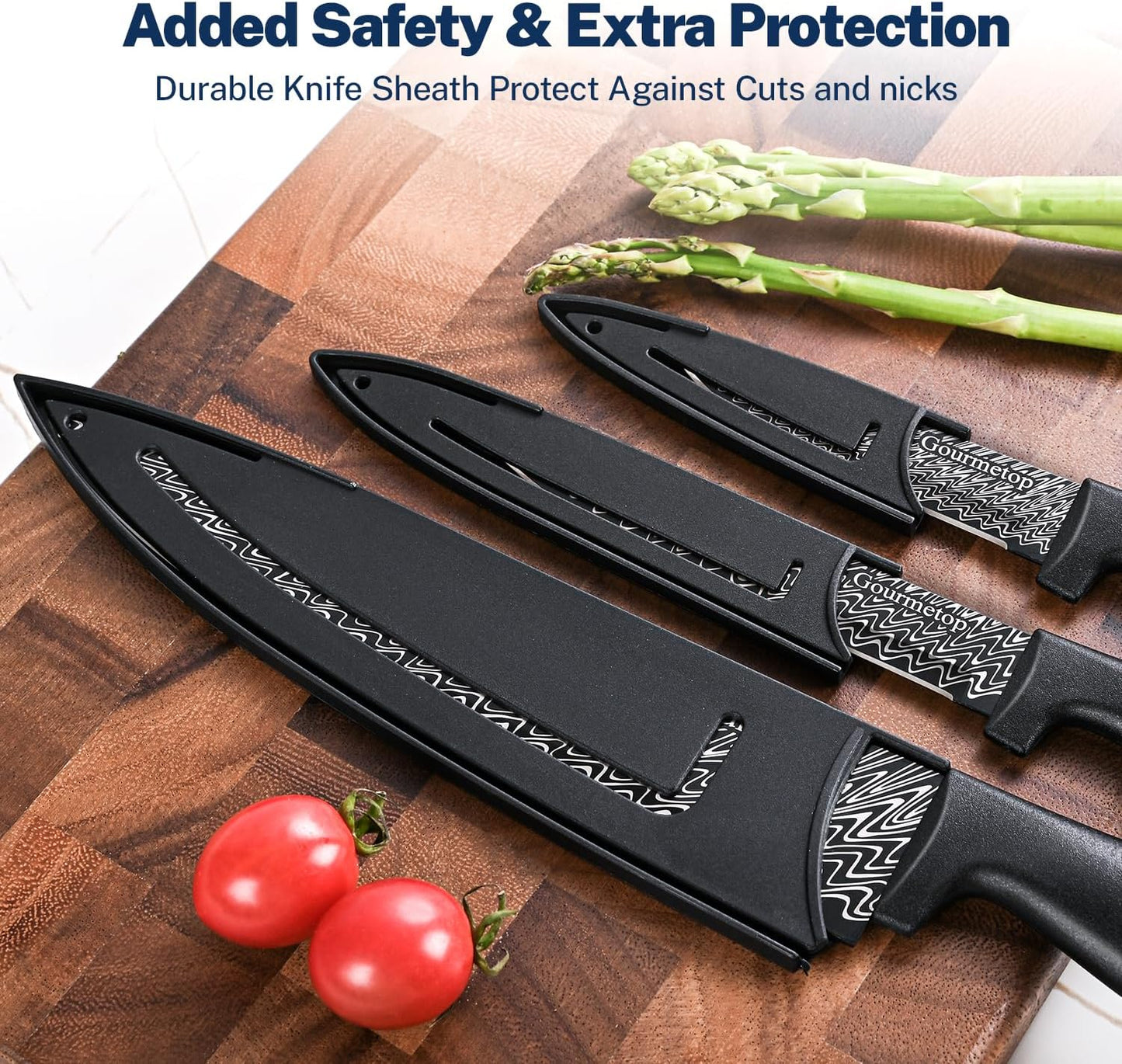 Kitchen Knife Set with Cover 3 Pcs, Black Chef Knife Set for Cooking, Sharp Kitchen Knives with Sheath, 8'' Chef Knife, 5'' Utility, 3.5'' Paring, Damascus Pattern Kitchen Knife for Cutting