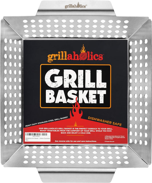 Grillaholics Vegetable Grill Basket for Outdoor Grill - Extra Large, Heavy-Duty Stainless Steel Veggie Grilling Basket with Handles