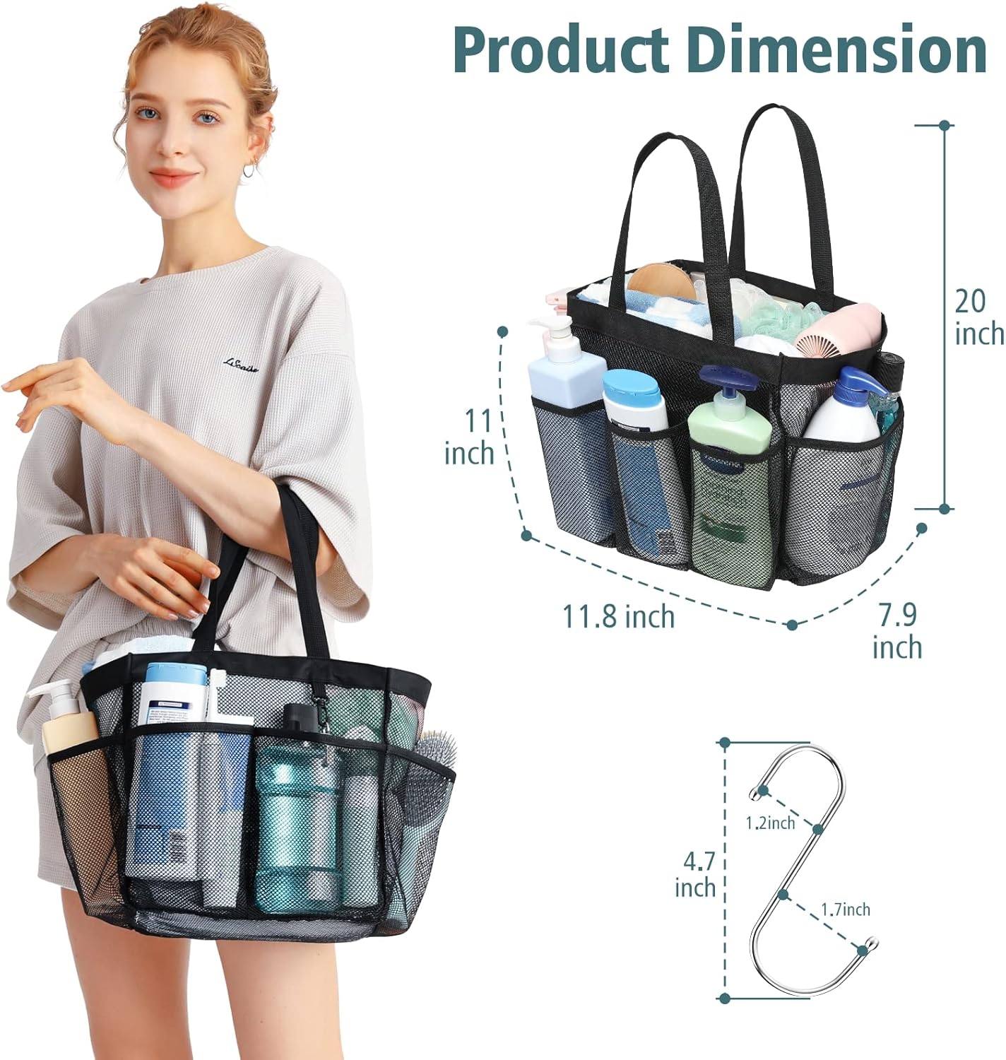 F-color Mesh Shower Caddy Portable, 8.3" Deeper Pockets Large Shower Caddy Bathroom Caddy for College Dorm Room Bathroom Essentials, 2 Handles Shower Bag Tote for Gym Rv, Camp with S Hook, Black
