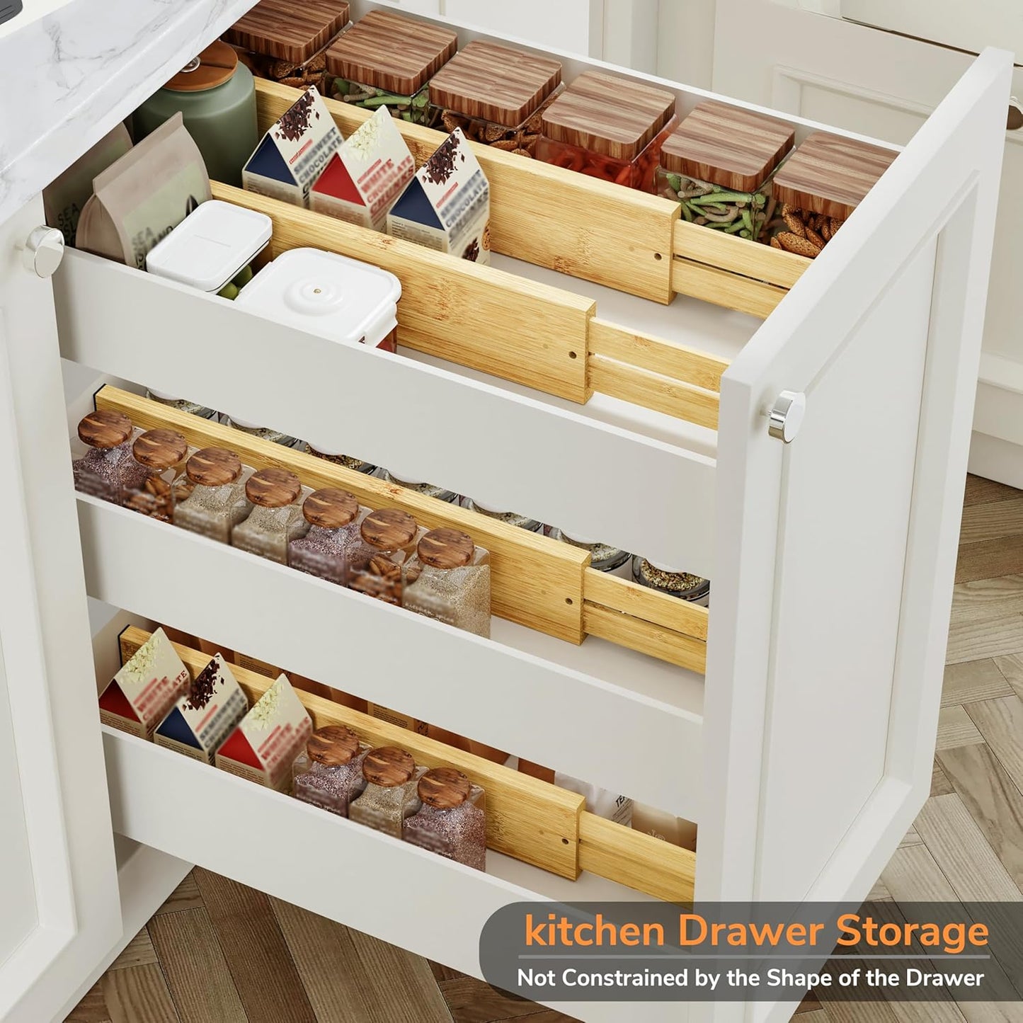 BAMEOS 3" H Large Bamboo Drawer Dividers Adjustable Drawer Organization Expandable Utensil Organizers for Kitchen Dresser Bathroom Bedroom and Office 4-pack