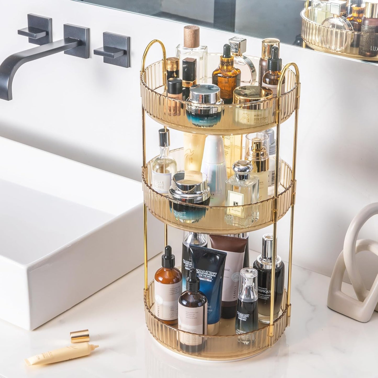 Aveniee Rotating Makeup Organizer for Vanity, 3 Tier Perfume Skincare Organizers and Storage for Bathroom Countertop, Clear Spinning Counter Shelf Cosmetic Holder for Dresser,Gold