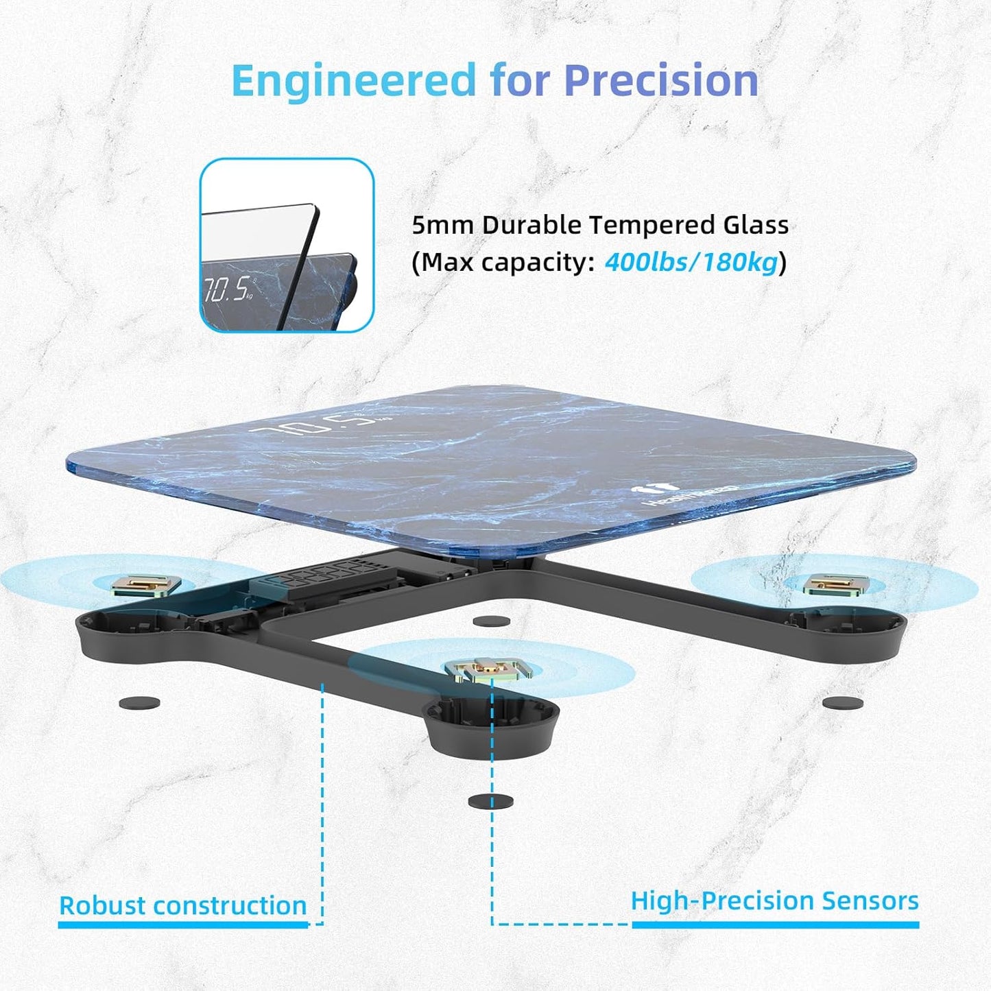 Healthkeep High Precision Digital Bathroom Scale with Step-On Technology LED Display Slim Design Max 180kg/400lb Marble Blue