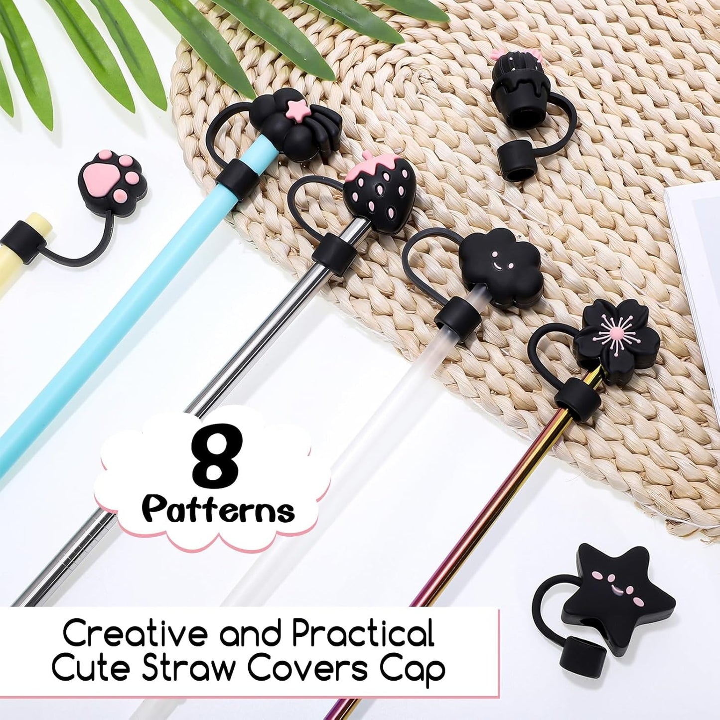 Black Straw Covers Cap for Stanley Cup, 8 Pcs Straw Toppers for Stanley 30&40 Oz Tumbler, Cute Straw Caps Reusable Straw Tips Protectors for 0.4 Inch/10 mm Stanley Cup Accessories