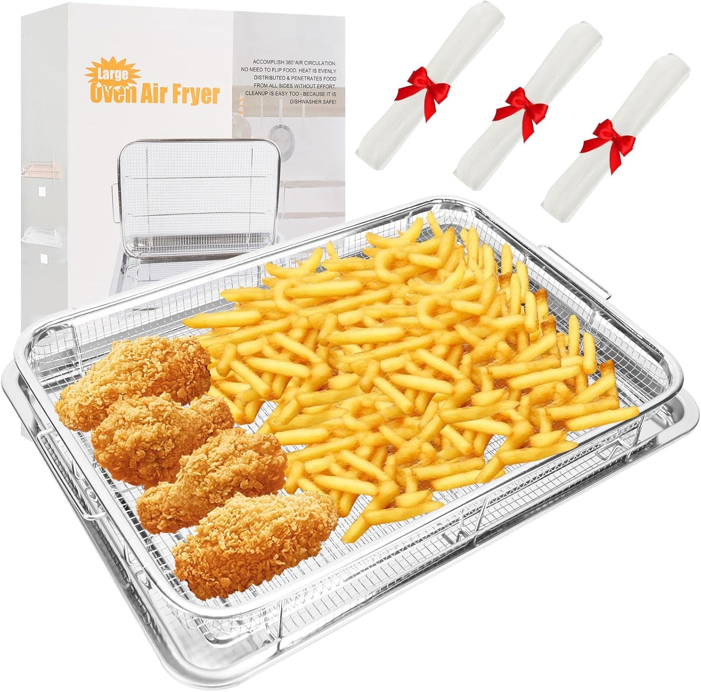 Air Fryer Basket for Oven 15.6" x 11.6",With Basket and Tray Set,Non-Stick Stainless Steel Oven Air Fryer,With 100 PCS Parchment Papers