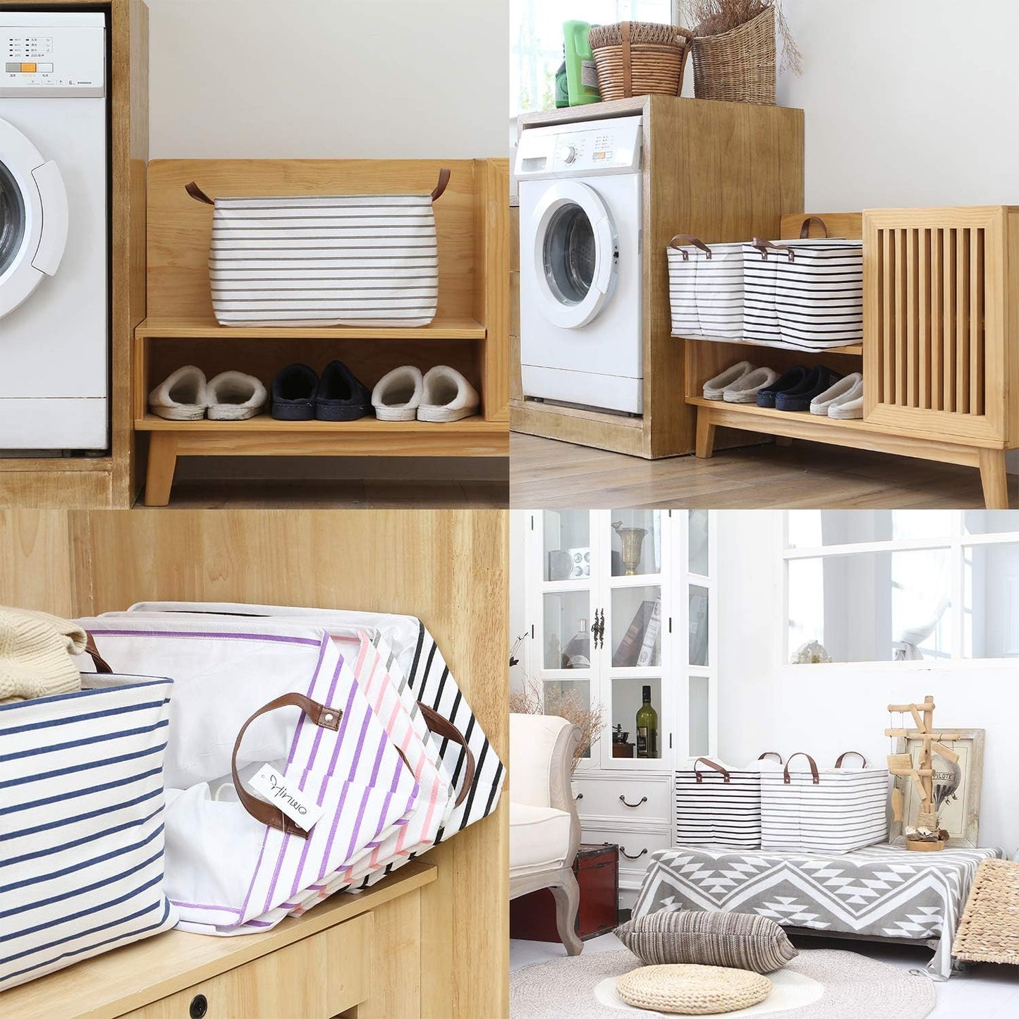 Hinwo 31L Large Storage Bins, Closet Organizers and Storage, Shelf Baskets, Foldable Clothes Storage Baskets with Handles, Containers for Clothing, Blanket, Towels, Toys, Bedding (Gray Stripe)