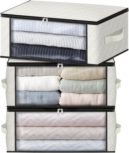 HomeHacks Storage 3-Pack Clothes Organizer Storage Bags Foldable Storage Box with Large Clear Window Sturdy Handles for Closet, Dorm, Pillows, Bedding, Clothes, Blankets, 35L, Ivory