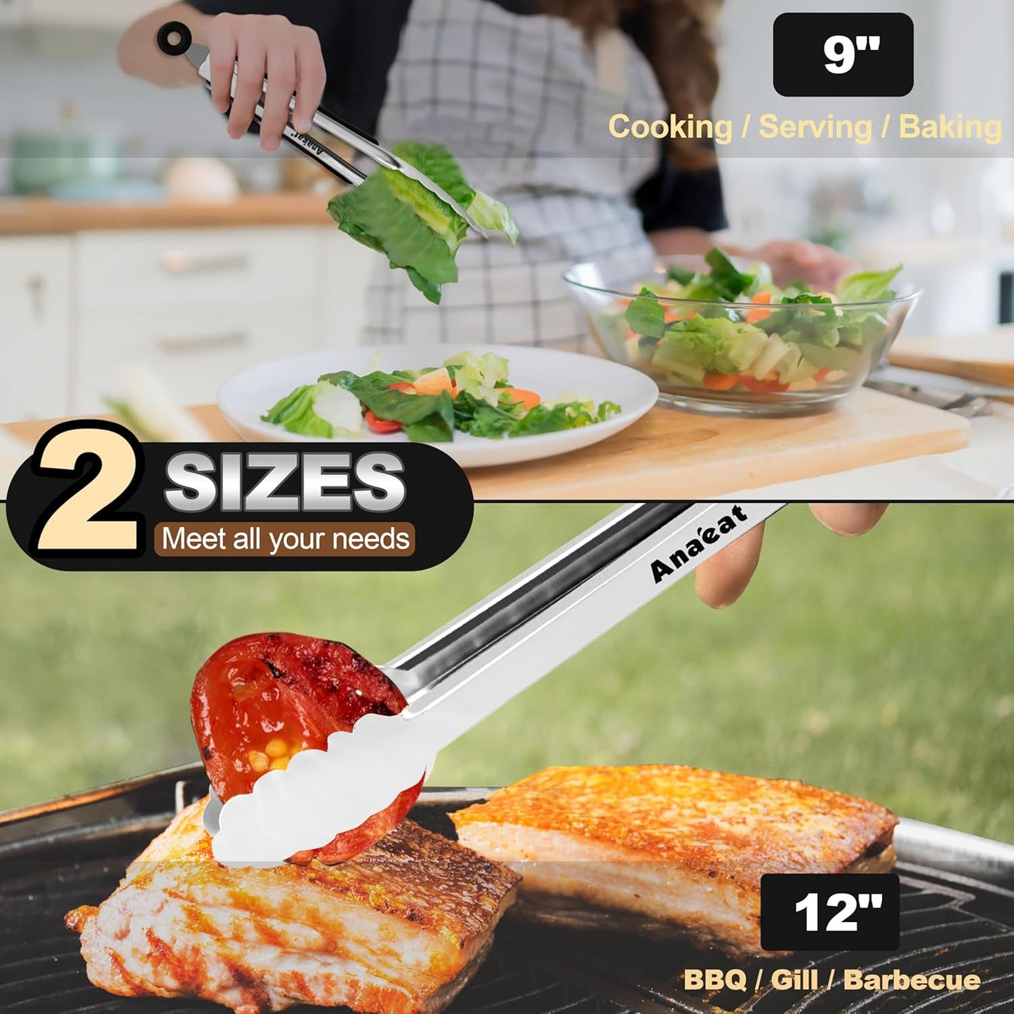 Anaeat Premium Stainless Steel Kitchen Tong Set of 2 - Sturdy Coiled Spring 9" and 12" Locking Food Tong with Non-Slip Silicone Grip for Cooking, Baking, Grilling, BBQ - Heat Resistant up to 480°F