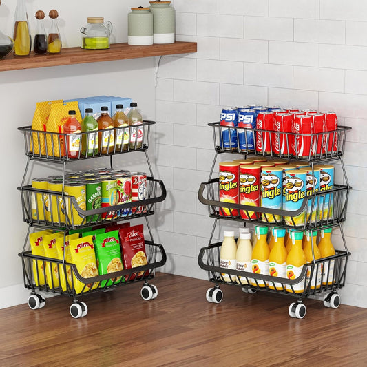 3-Tier Rolling Pantry Floor Organizer, Stackable Pantry Storage Cart with Wheels, Metal Wire Snack Organizers, Kitchen Fruit Basket Stand, Vegetable Storage Rack for Onion Potato Snacks, Black, 2 Pack