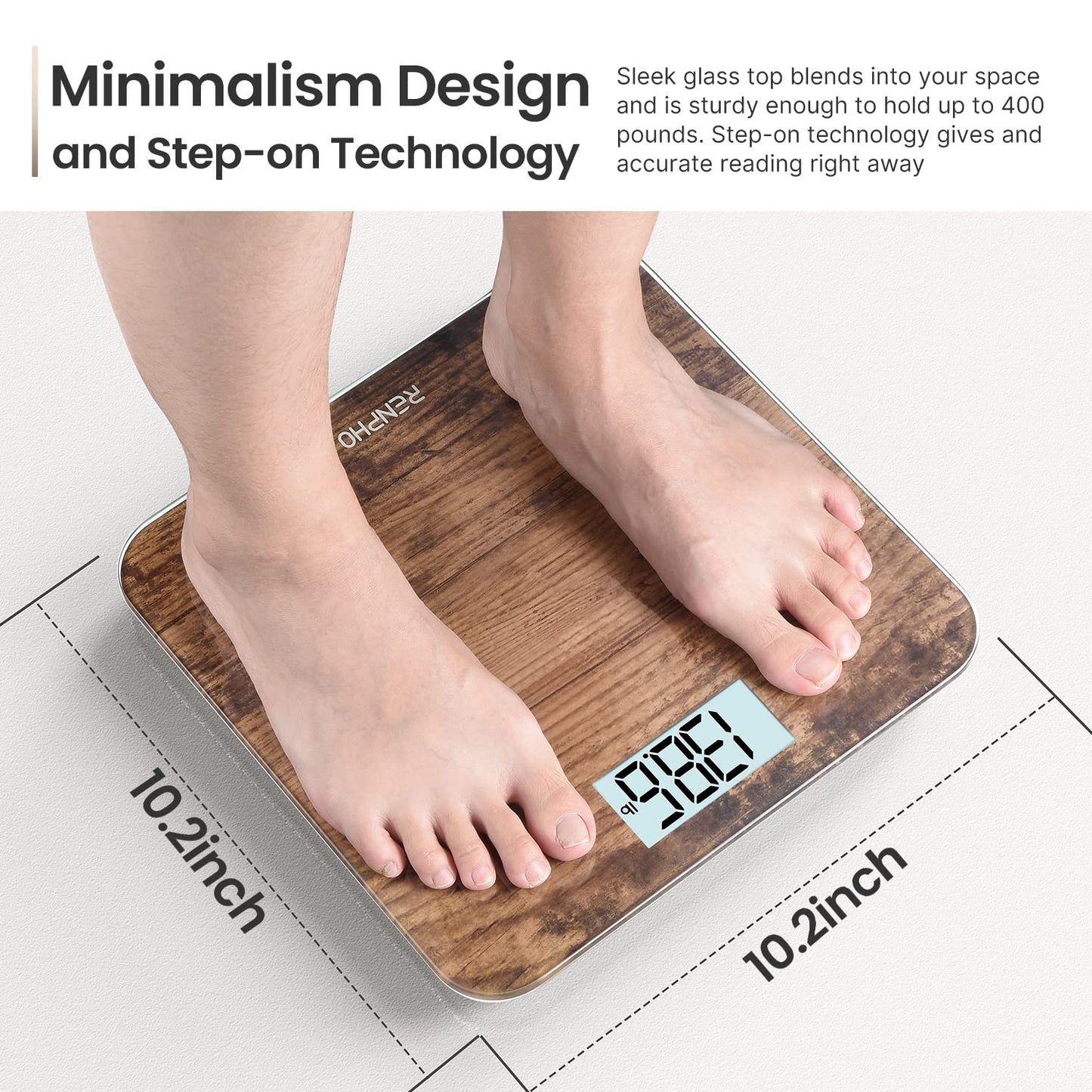 RENPHO Digital Bathroom Scale, Highly Accurate Body Weight Scale with Lighted LED Display, Round Corner Design, 400 lb, Core 1S, Wooden