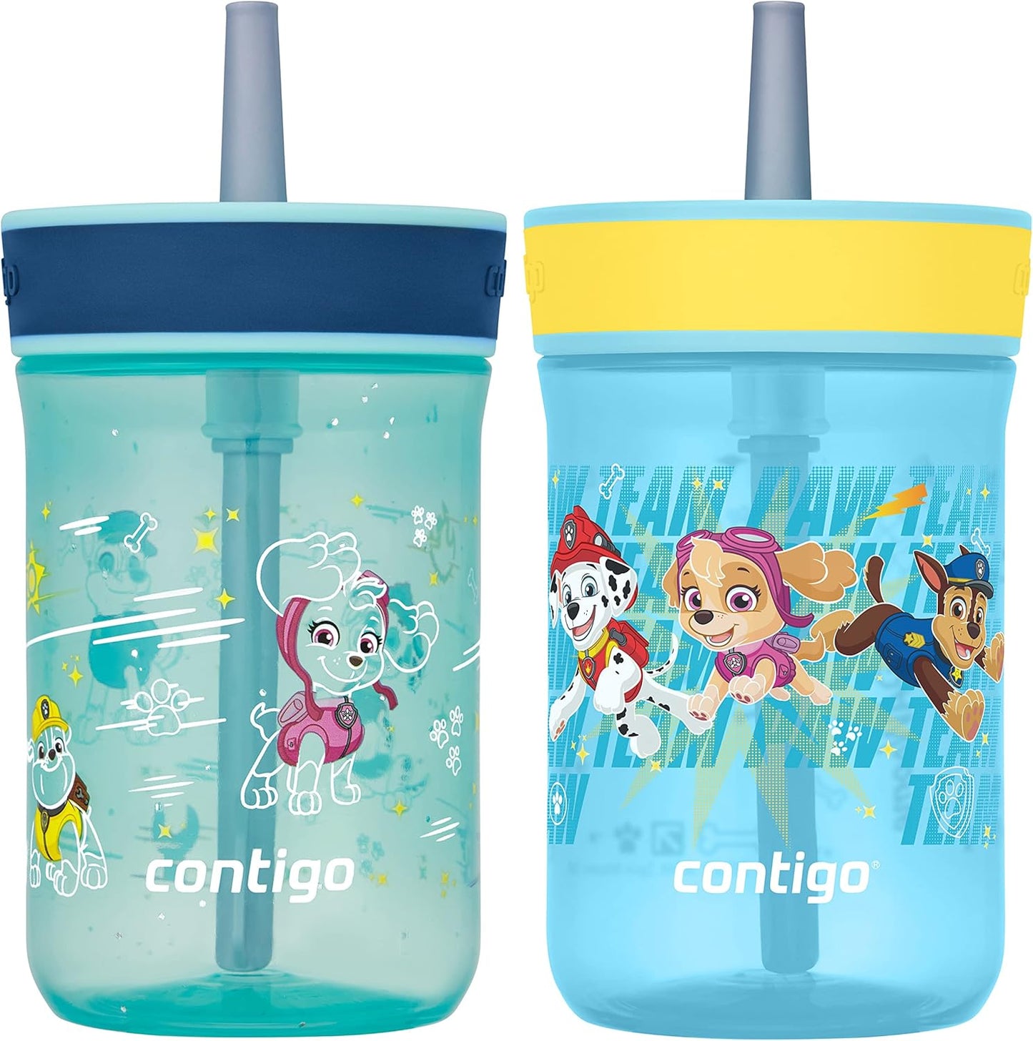 Contigo Leighton Kids Water Bottle, 2-Pack, 14oz, Paw Patrol, Spill-Proof, Dishwasher Safe Tumbler with Straw, Blue and Yellow