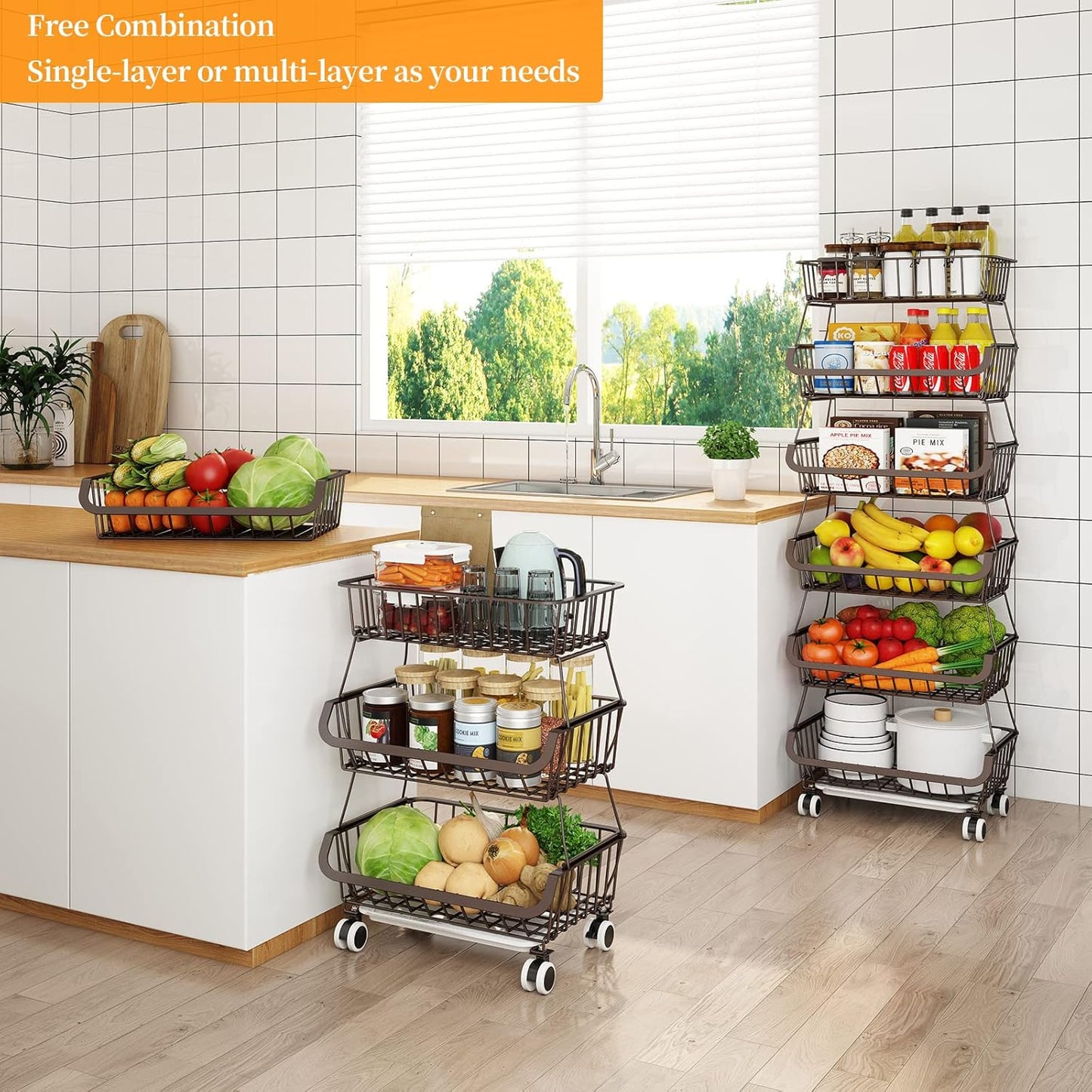 Miyawell Fruit Vegetable Storage Basket for Kitchen - 6 Tier Stackable Metal Wire Baskets Cart with Rolling Wheels Utility Fruits Rack Produce Snack Organizer Bins for Pantry Bathroom Laundry Bronze