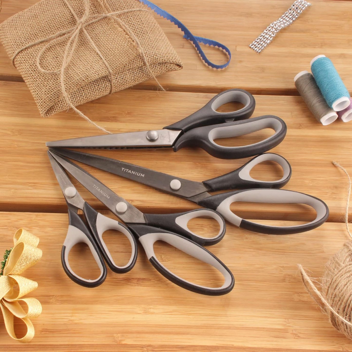 BambooMN Titanium Softgrip Scissors Set - Pinking, Sewing, Arts, Crafts, Office - 3 Sets of 4 - Black w/Grey Inlays