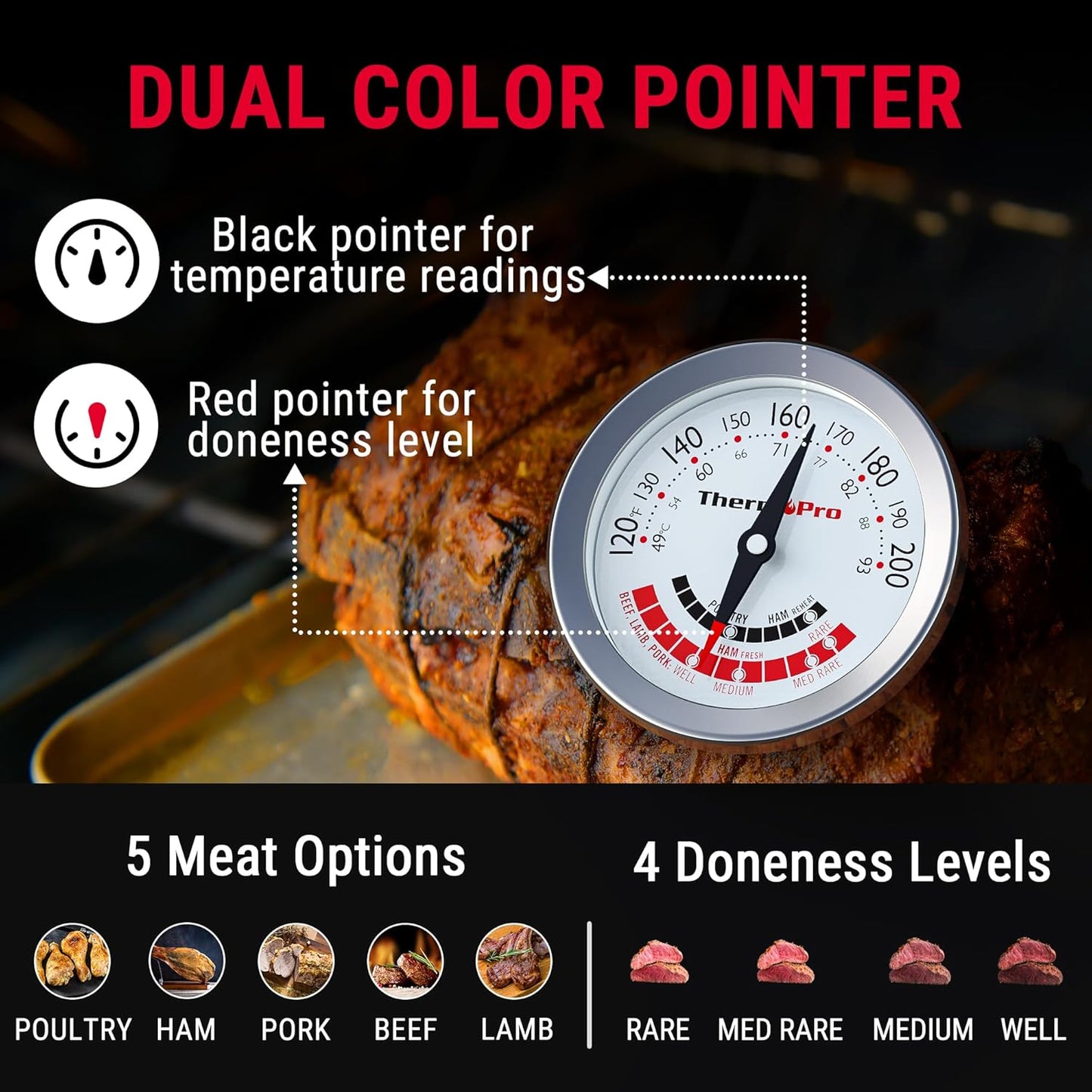 ThermoPro APT200 2 Pcs Meat Thermometer for Cooking with Extra-Large 2-Inch Dial, Analog Dial Food Cooking Thermometer with 5.1" Stainless Steel Probe for Poultry, Pork, Beef Candy Making Accessory