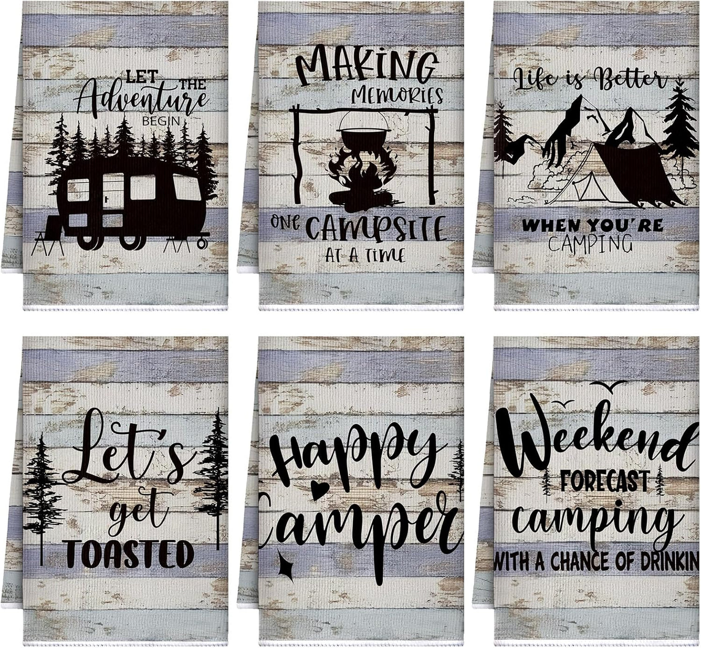 Boyiee Set of 6 Camping Kitchen Towels Happy Camper Tea Towels Absorbent Farmhouse Dish Towels with Funny Sayings 24 x 16 Inches Camping Hand Towels for RV Campers Lovers Gifts Accessories Decorations