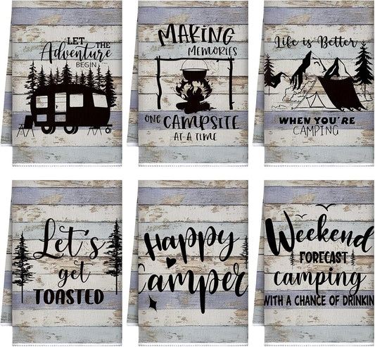 Boyiee Set of 6 Camping Kitchen Towels Happy Camper Tea Towels Absorbent Farmhouse Dish Towels with Funny Sayings 24 x 16 Inches Camping Hand Towels for RV Campers Lovers Gifts Accessories Decorations