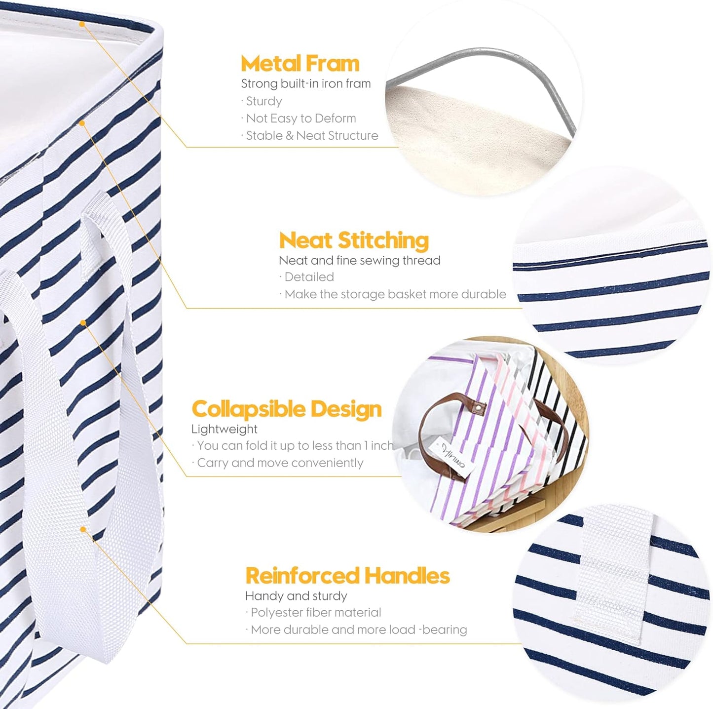 Hinwo 102L XXL Storage Bins, 2-Pack Closet Organizers and Storage, Foldable Clothes Storage Baskets with Handles, Containers for Clothing, Blanket, Comforters, Toys, Bedding (Navy Stripe)