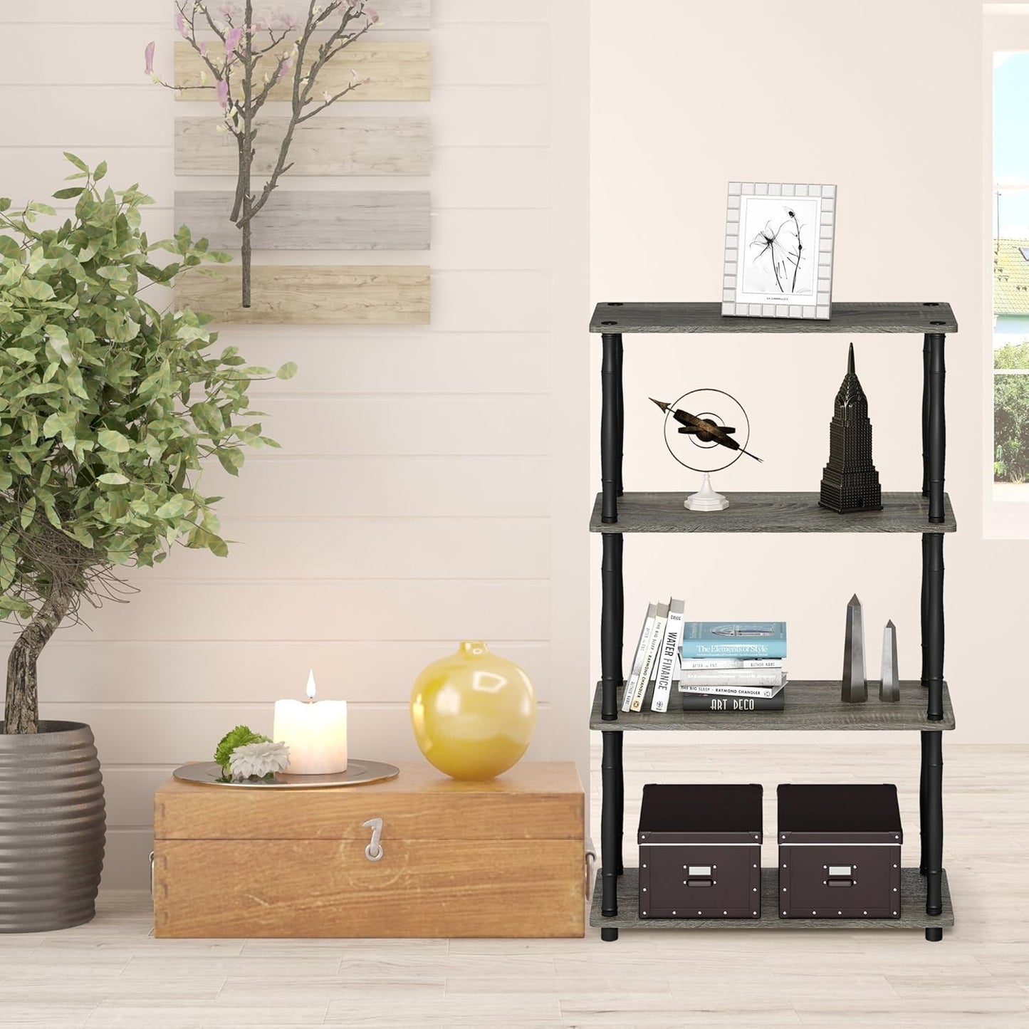 Furinno Turn-N-Tube 4-Tier Multipurpose Shelf Display Rack, Classic Tubes, French Oak Grey/Black