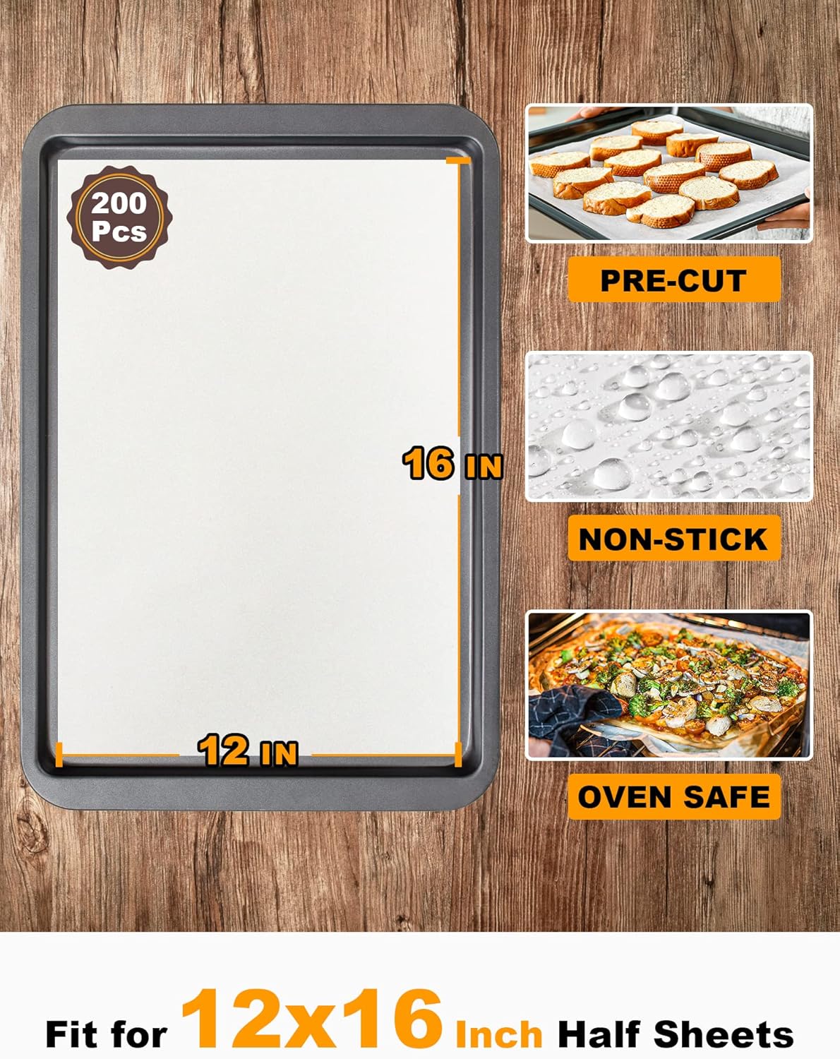 SMARTAKE 200 Pcs Parchment Paper Baking Sheets, 12x16 Inch Non-Stick Precut Baking Parchment, Suitable for Baking Grilling Air Fryer Steaming Bread Cup Cake Cookie and More (White)