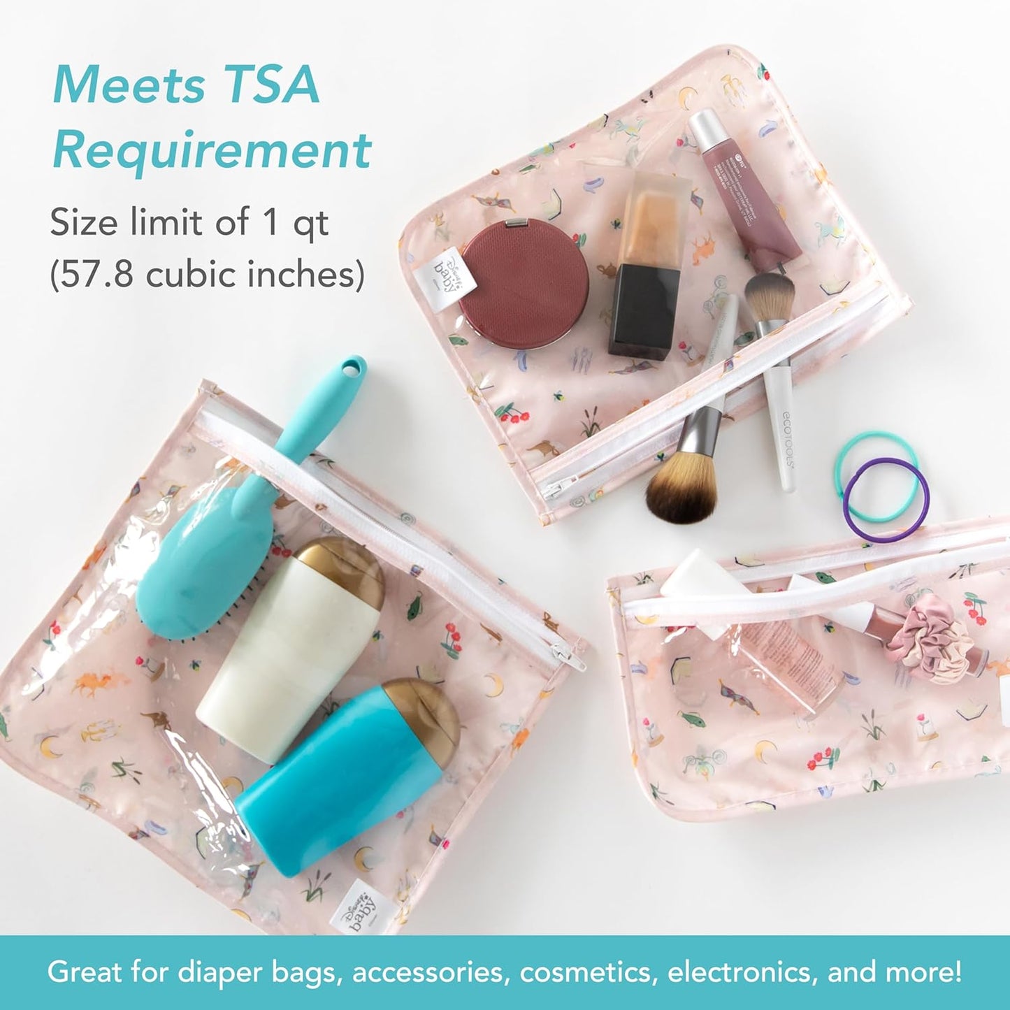 Bumkins Disney Travel Bag, Toiletry, Baby, TSA Approved Pouch, Zip Bag, Quart Size Airline Compliant, Clear-Sided, Diaper Bag Organization, Makeup, Accessories, Set of 3 Sizes, Princess Magi