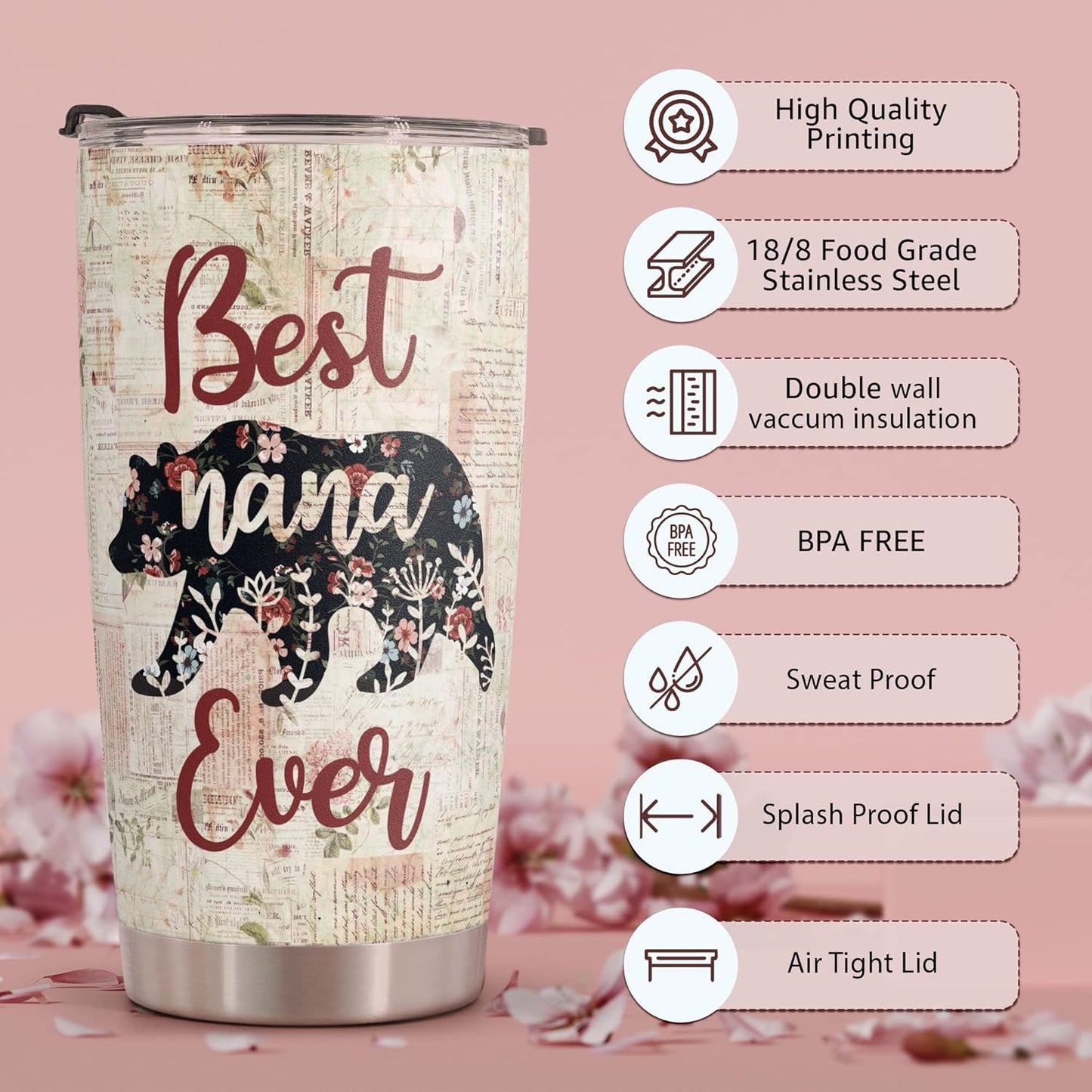 Macorner Mothers Day Gift for Nana & Mom From Daughter, Son for Grandma - Stainless Steel Bear Tumbler 20oz for Women