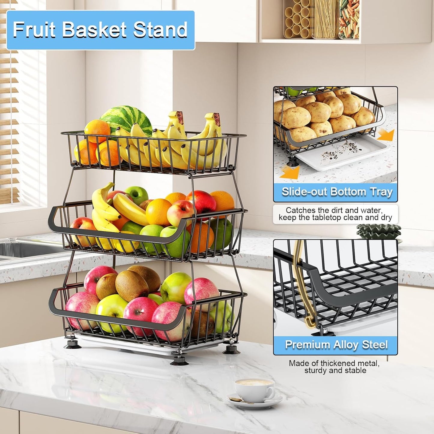 3-Tier Rolling Pantry Floor Organizer, Stackable Pantry Storage Cart with Wheels, Metal Wire Pantry Baskets, Kitchen Fruit Basket Stand, Vegetable Storage Rack for Fruits Snacks Onions Potatoes