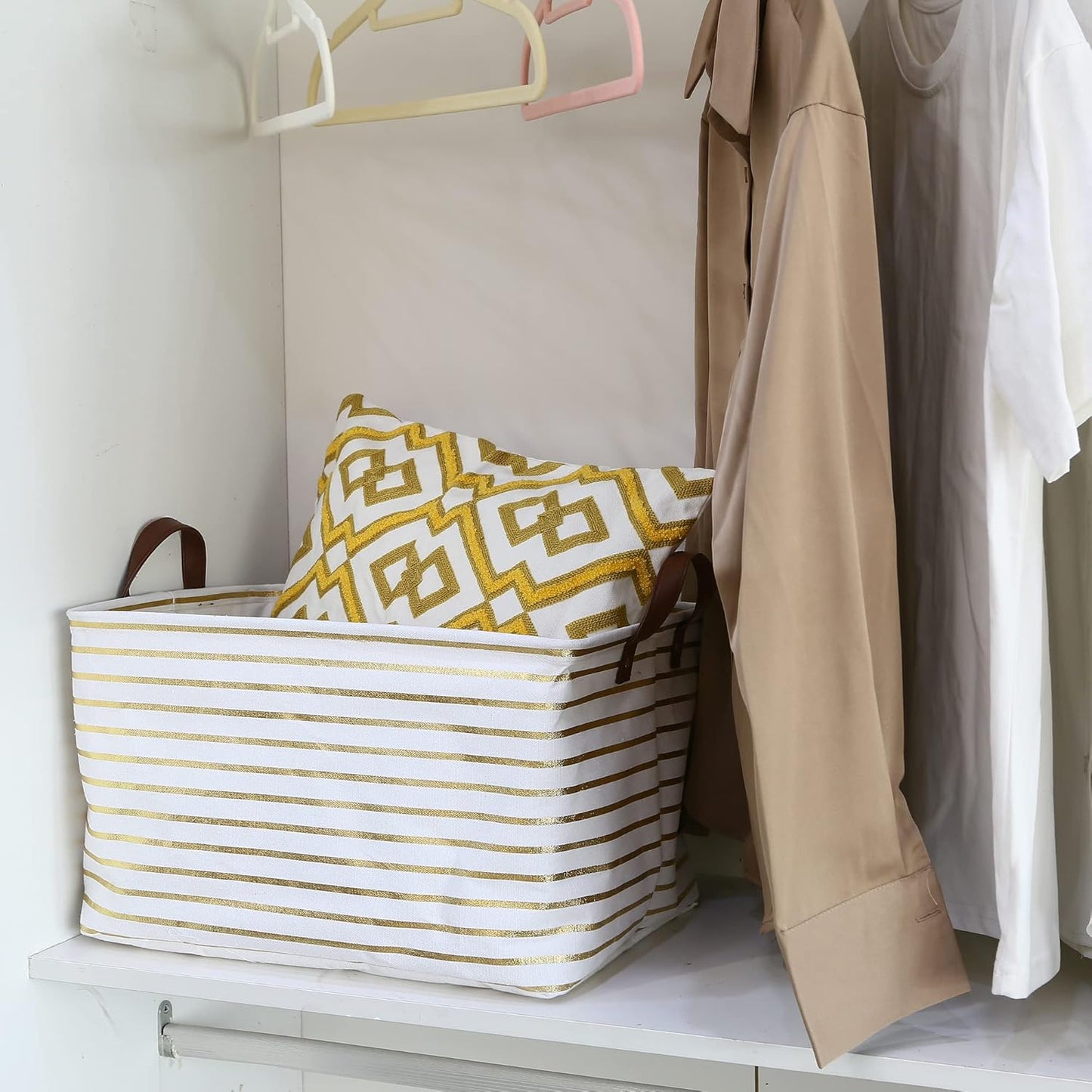 Hinwo 31L Large Storage Bins, Closet Organizers and Storage, Shelf Baskets, Foldable Clothes Storage Baskets with Handles, Containers for Clothing, Blanket, Towels, Toys, Bedding (Gold Stripe)