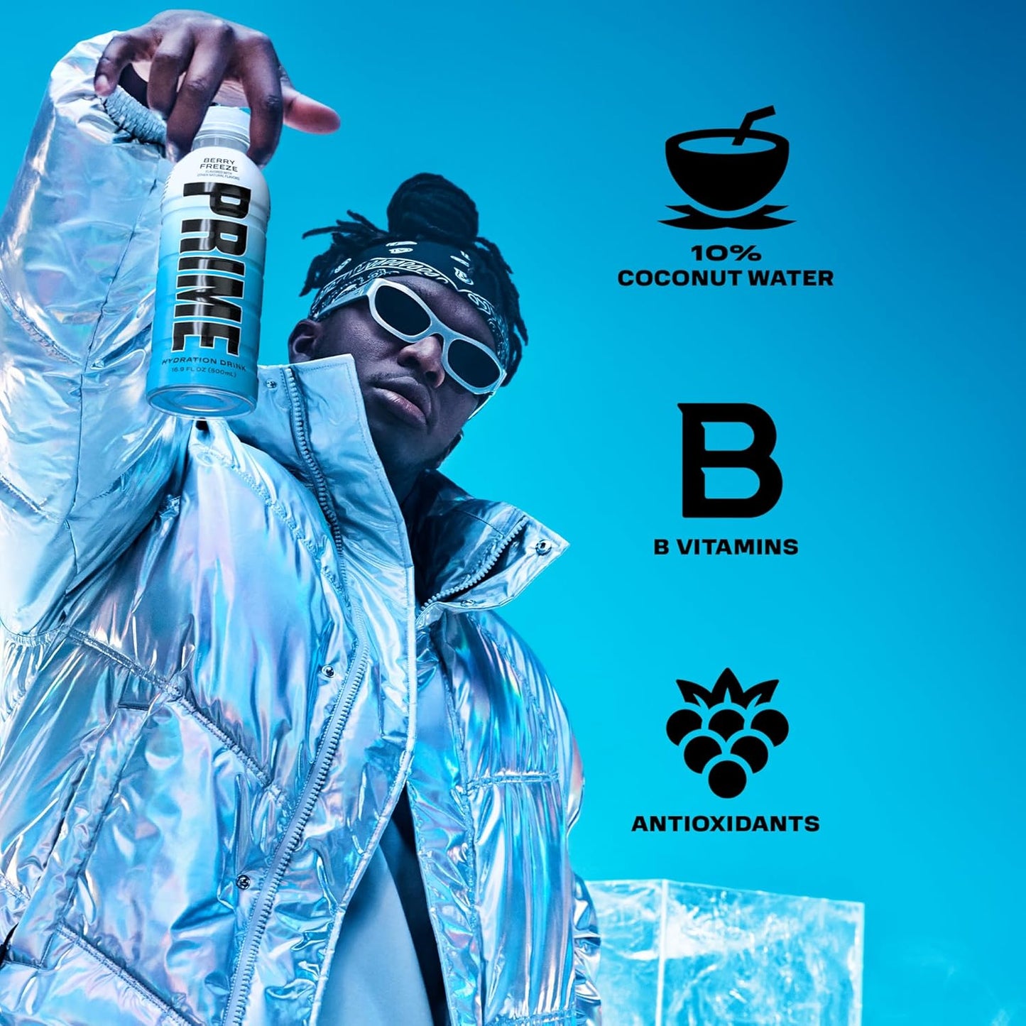 PRIME Hydration BERRY FREEZE, Sports Drinks, Electrolyte Enhanced for Ultimate Hydration, 250mg BCAAs, B Vitamins, Antioxidants, Low Sugar, 16.9 Fl Oz, 12 Pack