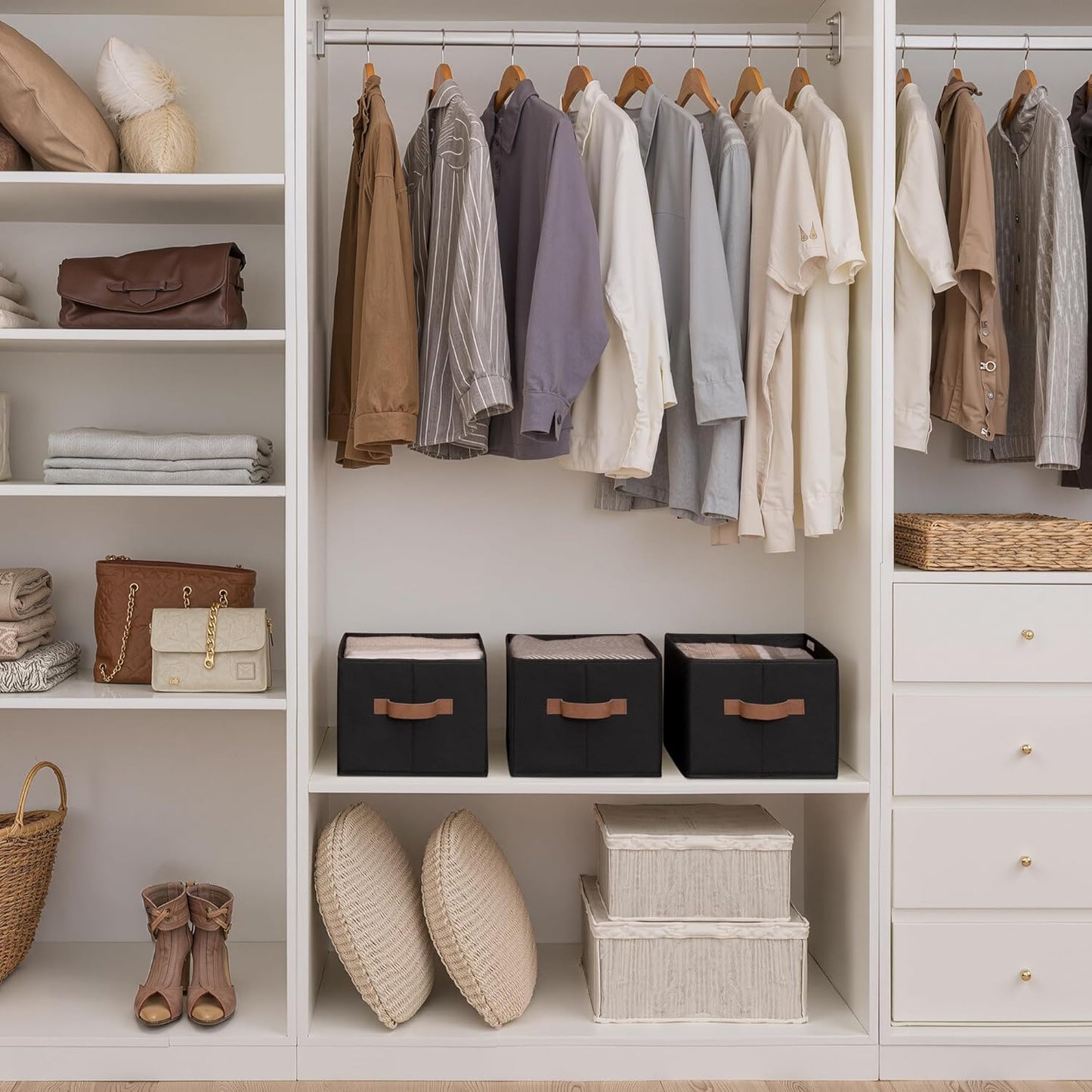 SroageWorks Storage Baskets for Shelves, Foldable Fabric Closet Storage Bins with Handles, Clothes Organizer Laundry Baskets, Black, 3-Pack, Large