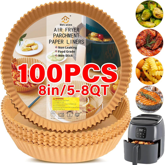 Air Fryer Liners Disposable, 100PCS 8 Inch Non-stick Air Fryer Parchment Paper Liners, Round Free of Bleach Airfryer Liners for 5-8QT Air fryer, Baking, Roasting Microwave
