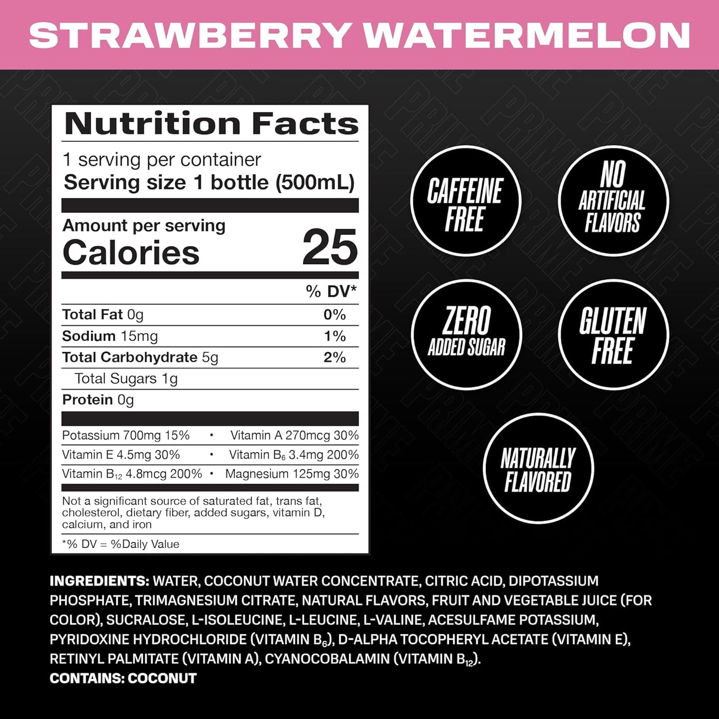 PRIME Hydration STRAWBERRY WATERMELON, Sports Drinks, Electrolyte Enhanced for Replsnishing Fluids, 250mg BCAAs, B Vitamins, Antioxidants, Low Sugar, 16.9 Fl Oz, 12 Pack