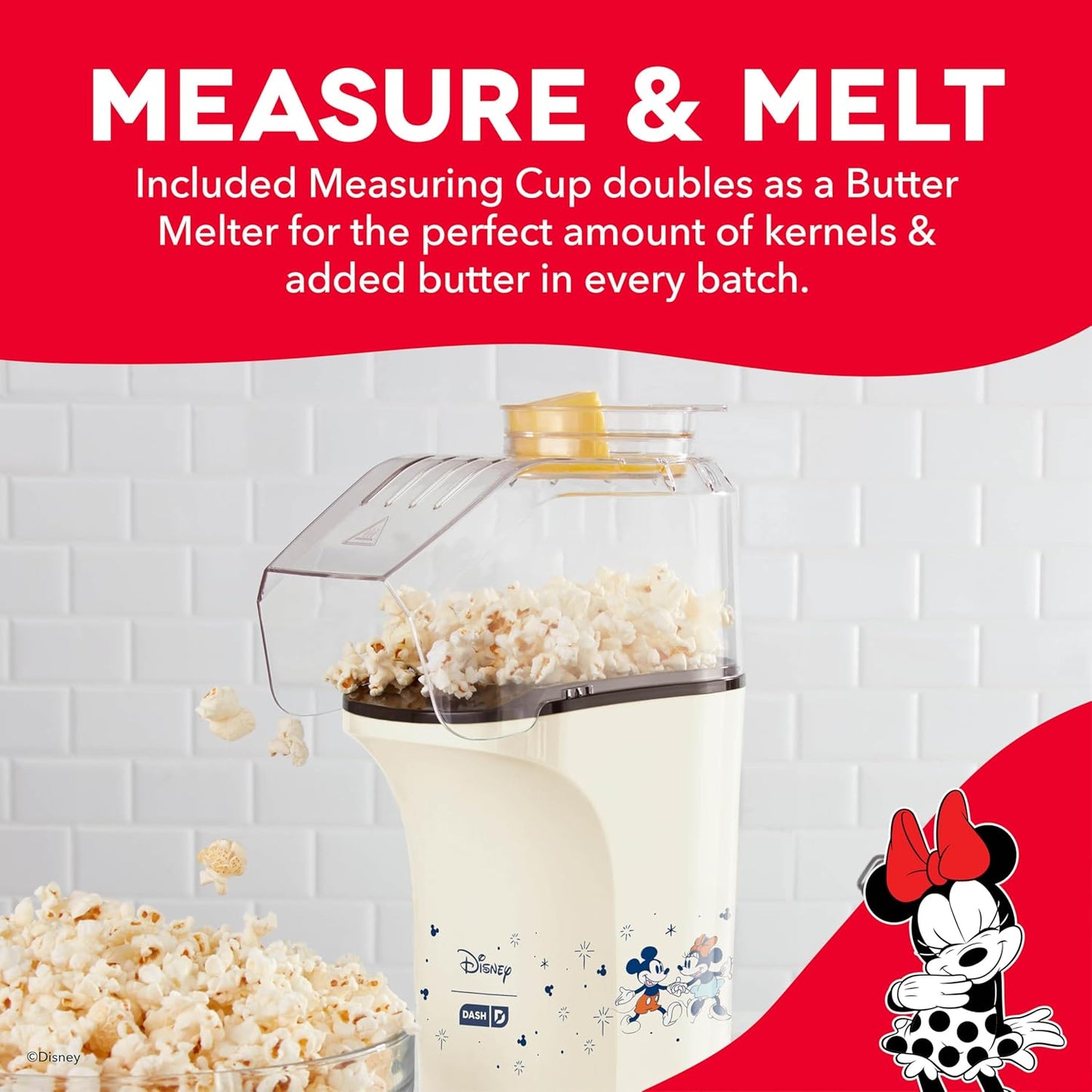 Disney Dash Fresh Pop Popcorn Maker - Oil-Free, Air Popcorn Popper - With Measuring Cup & Recipe Guide - Perfect for Movie Nights - 16 Cups, Mickey & Minnie Design