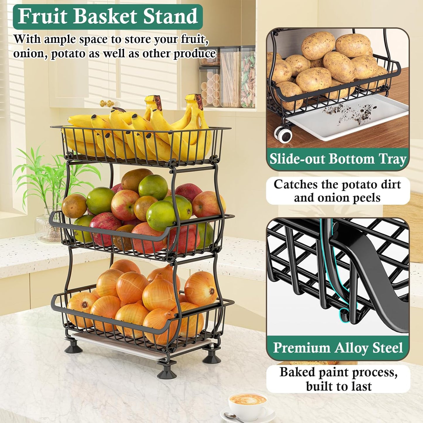 3-Tier Rolling Pantry Floor Organizer and Storage Cart with Wheels, Stackable Wire Pantry Baskets for Pantry Shelves, Kitchen Fruit Basket Stand and Storage Rack for Fruit Snack Onion Potato