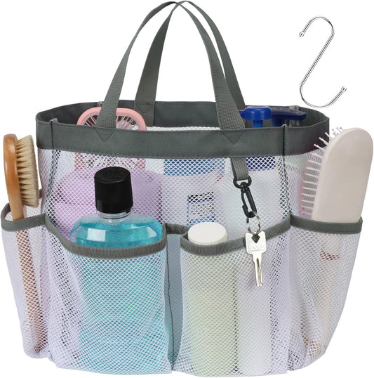 F-color Mesh Shower Caddy Portable, Upgrade Deeper 7 Pockets Shower Bag Basket Tote for College Dorm Room Toiletry Bathroom Essentials Gym Camp Quick Dry 2 handles with S Hook, White