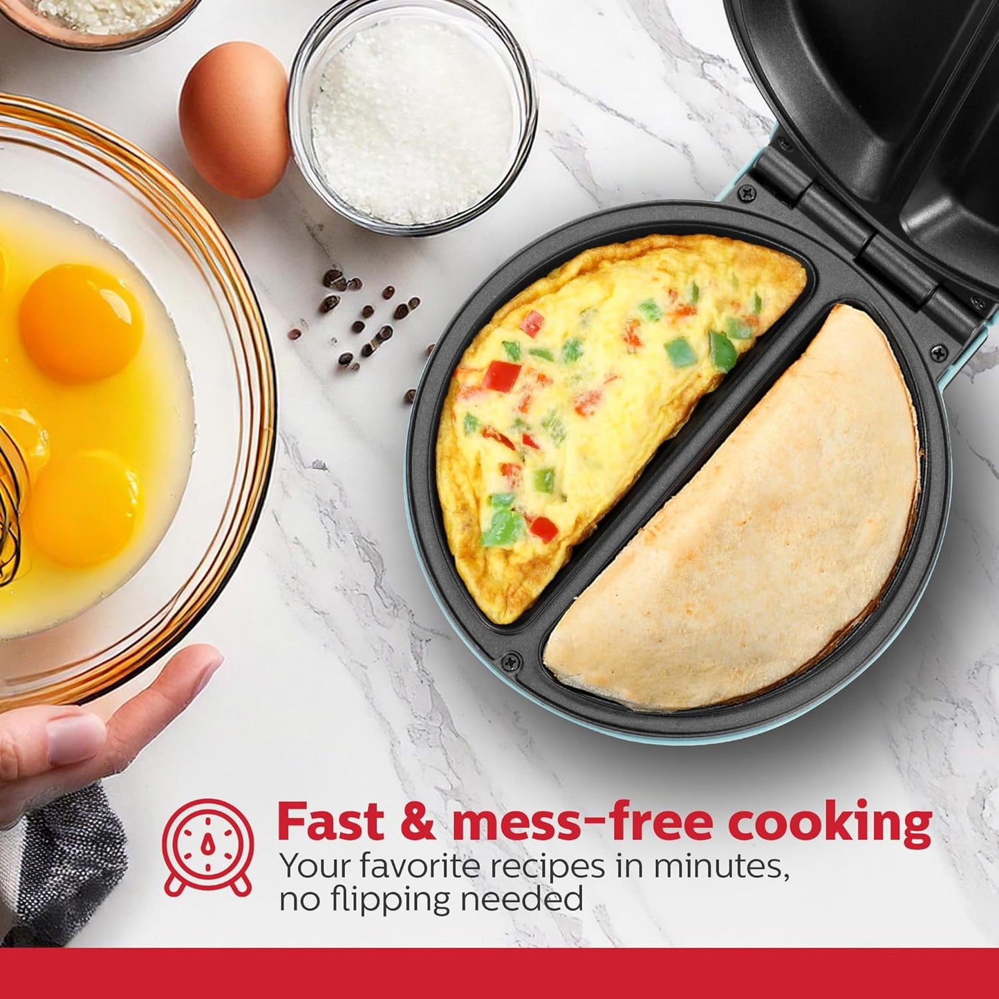 Holstein Housewares Stainless Steel 2 Section Omelet & Frittata Maker, Non Stick Coating, Easy To Clean, Indicator Lights, Compact Storage, Prepare Versatile Recipes in Minutes. 2 Portions, Mint