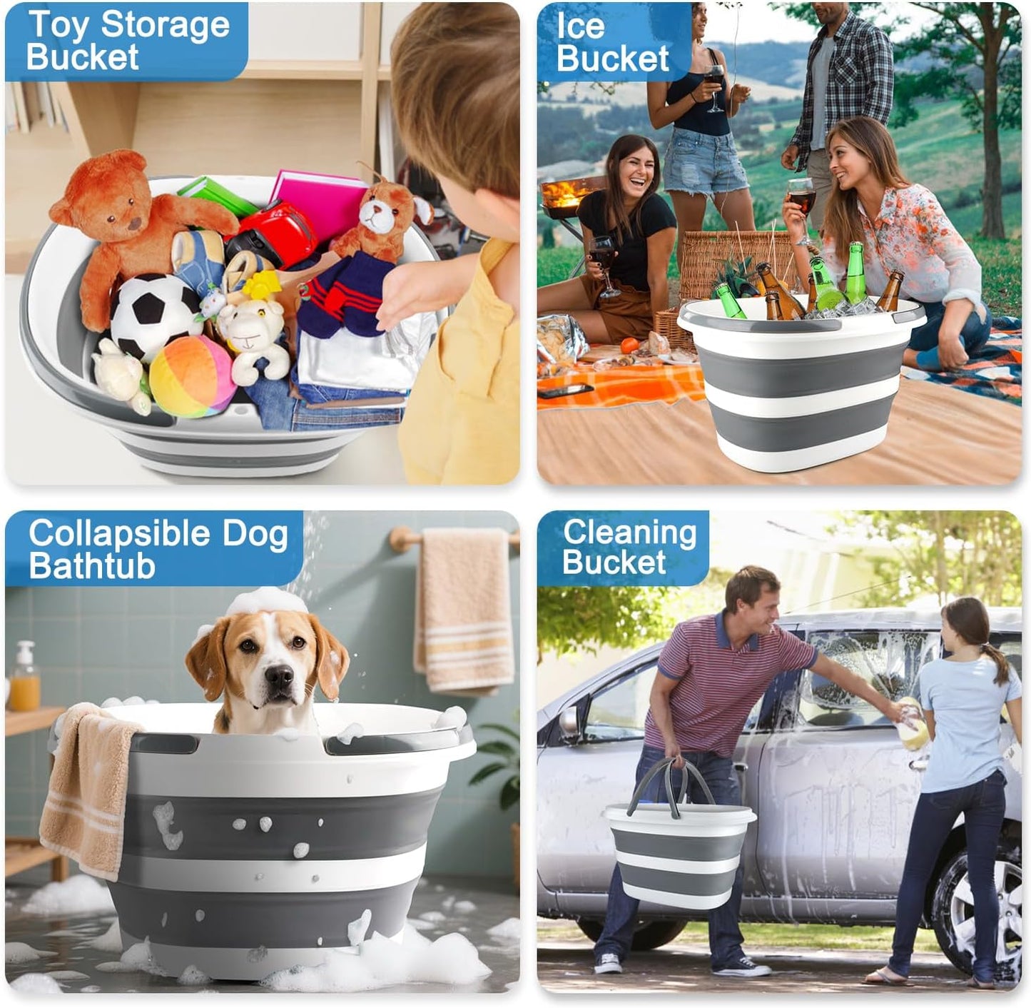 28L Large Collapsible Mop Bucket with Handle for Cleaning, Silicone Portable Pet Bathtub for Puppy Small Dogs Cats, Foldable Laundry Basket Hamper Clothes Storage Bin Space Saving Design for RV Home