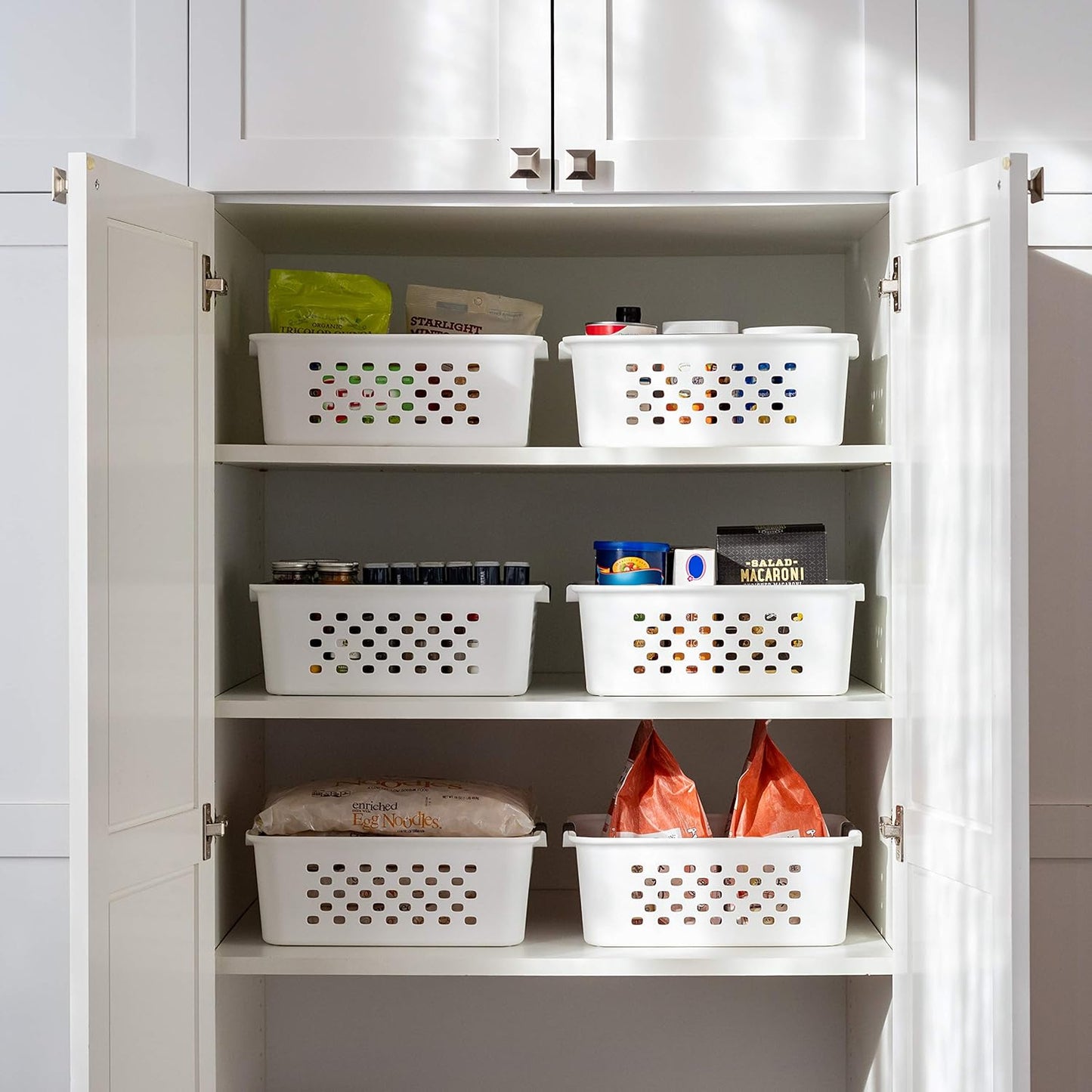 IRIS USA Plastic Basket, 6-Pack, Medium, Shelves Storage Basket for Organizing Pantry, Cabinet, Bedroom, Closet, Laundry Room, Office, White