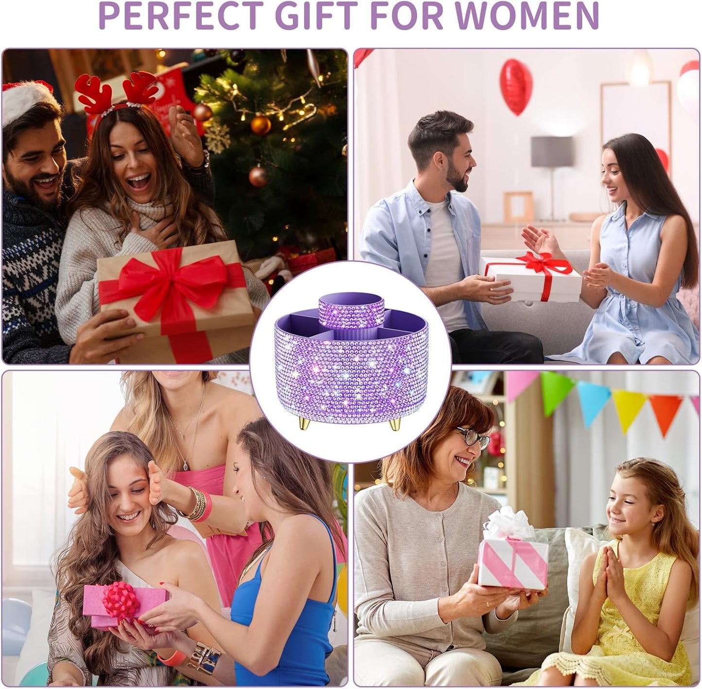 Bling 360° Rotate Makeup Brush Holder Organizer, Makeup Organizers Countertop, Makeup organization and Skincare Storage for Vanity, Gift for Women Girls (Bling dz-Purple)