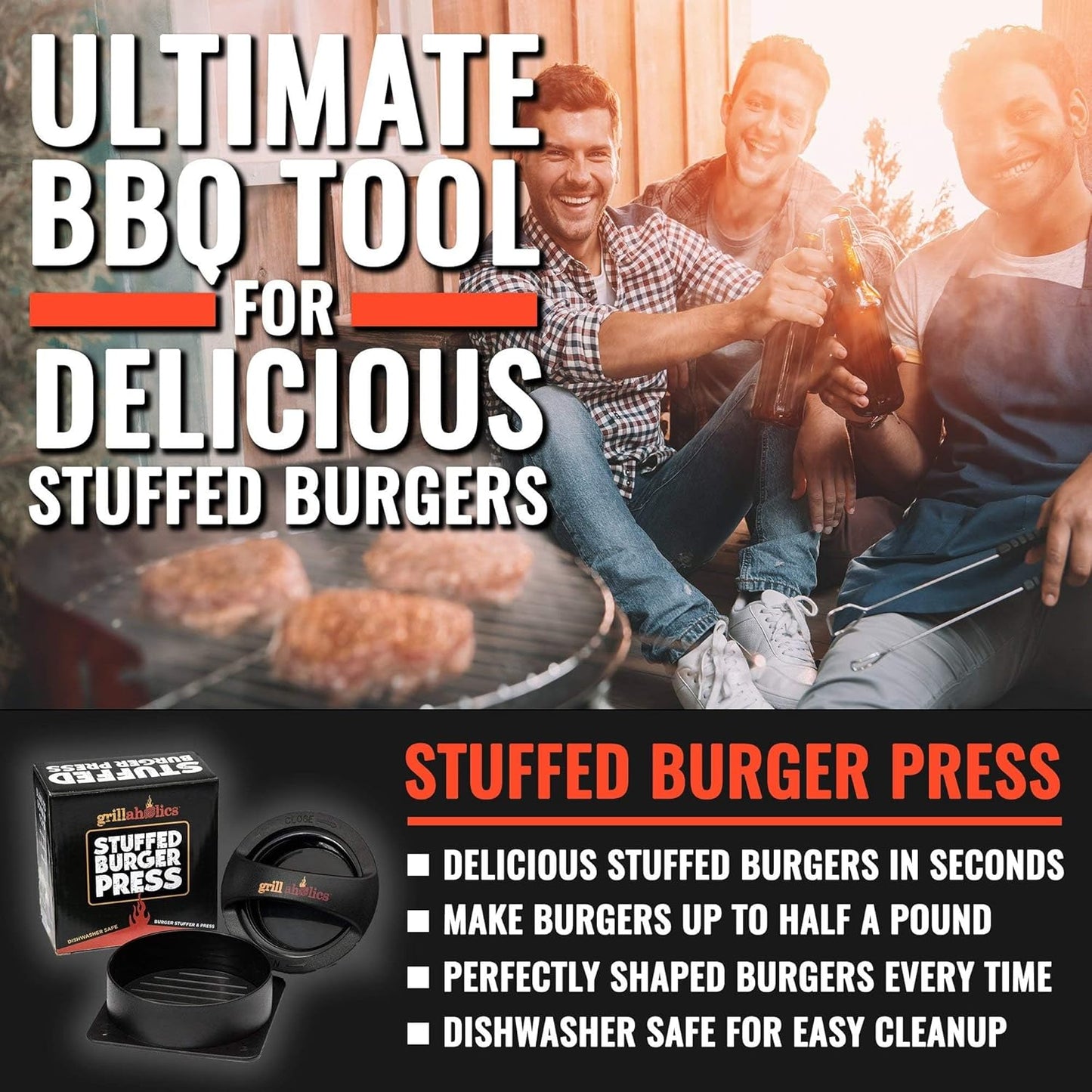Grillaholics Stuffed Burger Press and Recipe eBook - Extended Warranty - Burger Stuffer & Hamburger Patty Maker - The Perfect Grilling Gift & Stocking Stuffer