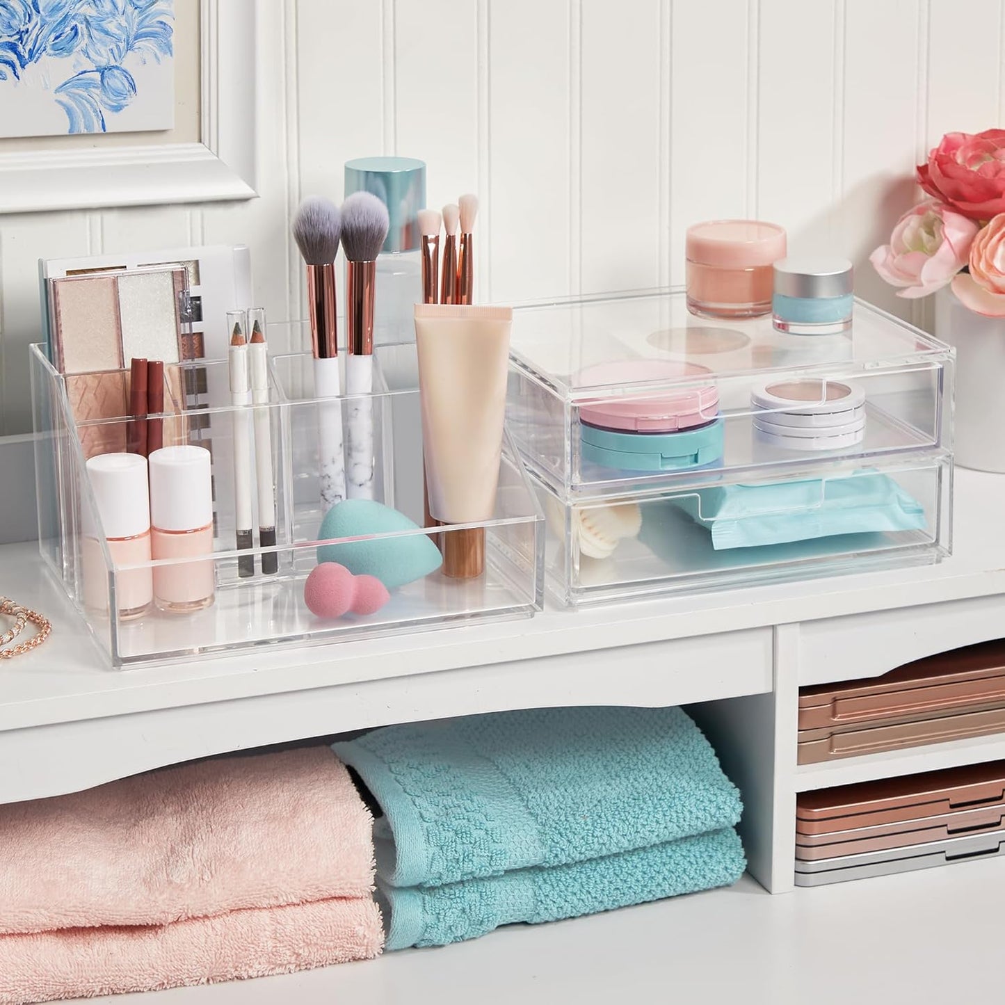 STORi Chloe Stackable Makeup Holder & Drawer Organizer Set, Clear, BPA-Free Plastic, Made in USA, Organize Brushes, Cosmetics & Beauty Essentials