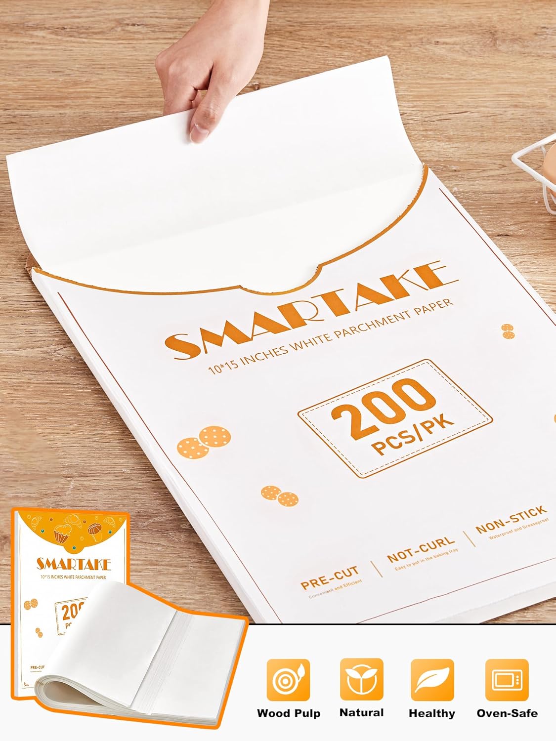 SMARTAKE 200 Pcs Parchment Paper Baking Sheets, 10x15 Inch Non-Stick Precut Baking Parchment, Suitable for Baking Grilling Air Fryer Steaming Bread Cup Cake Cookie and More (White)