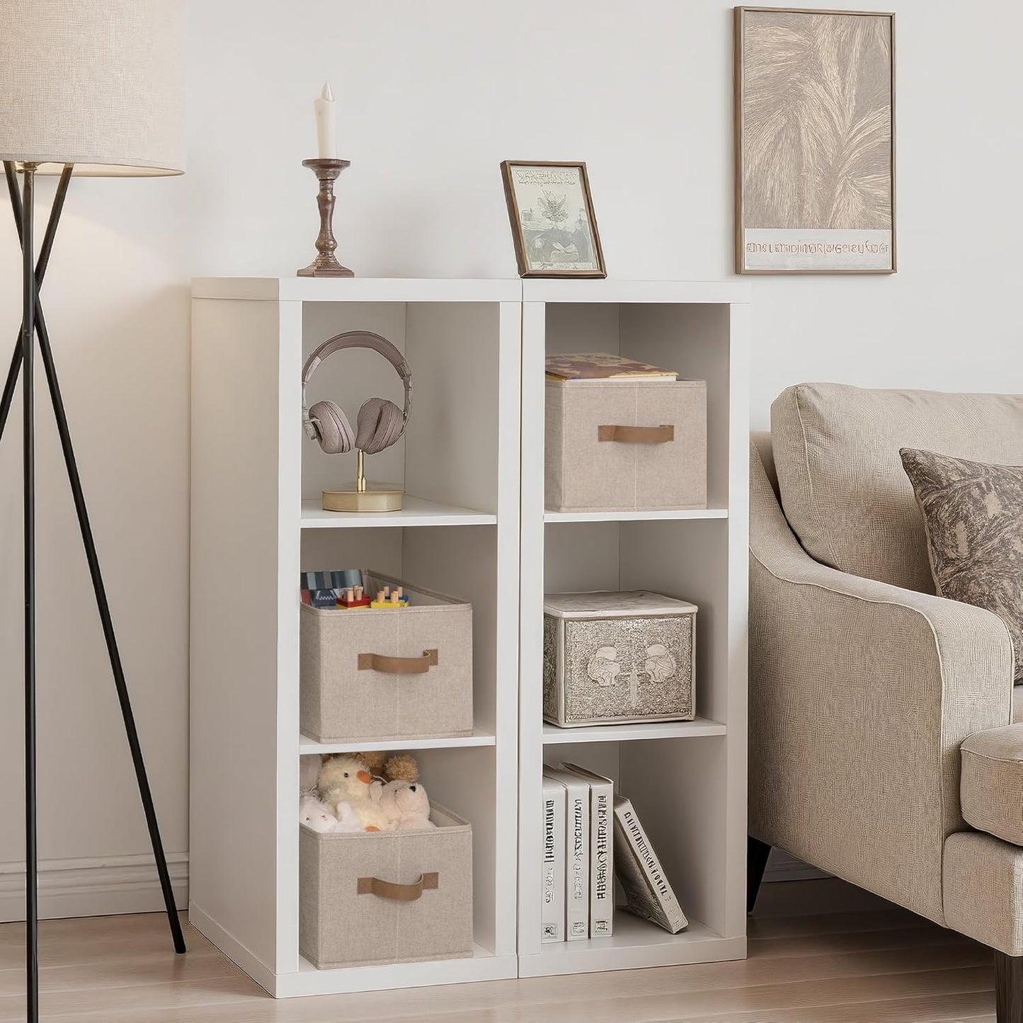 SroageWorks Storage Baskets for Shelves, Foldable Fabric Closet Storage Bins with Handles, Clothes Organizer Laundry Baskets, Brown & Beige, 3-Pack, Large