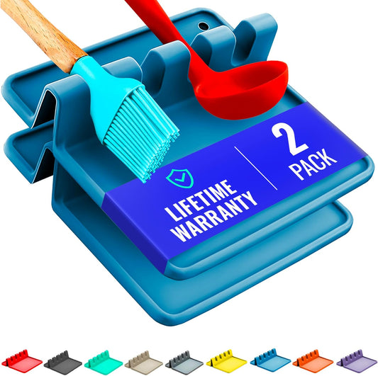 Light Blue Silicone Spoon Rest for Stove Top with Drip Pad (Two Pack) - Heat Resistant BPA Free Utensil Rest & Spoon Holder for Kitchen Counter - Grill Utensil Holder - Spatula Holder, Tongs, Ladle