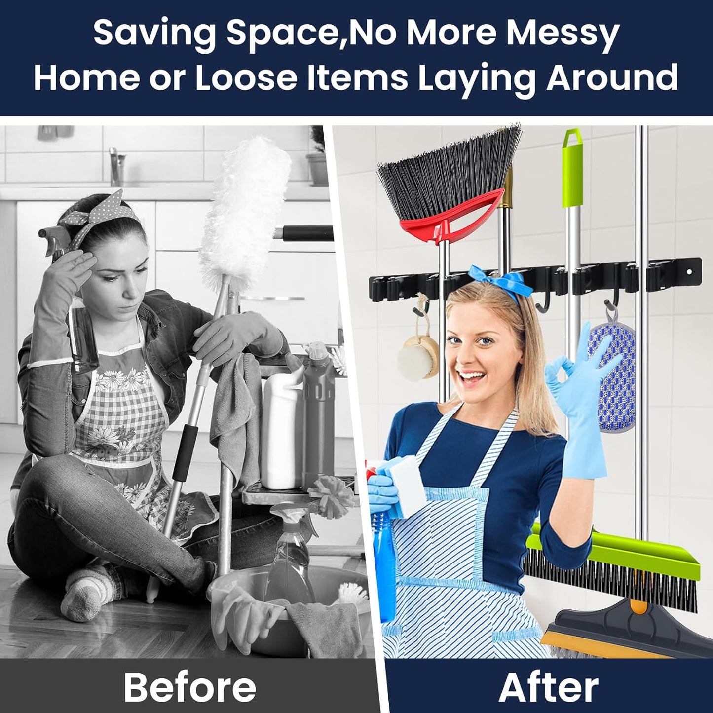 Piyl Mop and Broom Holder Wall Mount - 5 Racks and 4 Hooks Broom Hanger Mop Organizer Storage Tool Racks Stainless Steel Heavy Duty Utility Hooks for Home Kitchen Garden Laundry Garage Closet